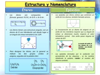 Estructura y Nomenclatura
                   Éteres                                               Epóxidos
•   Los    éteres    son     compuestos       de       •   Los epóxidos son éteres cíclicos que contienen un
    fórmula general R-O-R, Ar-O-R o Ar-O-Ar .              anillo de tres átomos, también llamado oxirano.




•   Los éteres tienen una estructura angular, con un   •   La incorporación de un átomo de oxígeno en un
    átomo de O con hibridación sp3 dando lugar a           anillo de tres miembros requiere que su ángulo de
    un ángulo de enlace tetraédrico de 110º.               enlace se distorsione mucho respecto al valor
                                                           tetraédrico normal. Este anillo posee ángulos de
                                                           enlace de 62º.

                                                                                        La tensión del anillo de
                                                                                        tres átomos dá a los
                                                                                        epóxidos una elevada
                                                                                        reactividad.

•   Para designar los éteres, por lo general se
    indican    los   dos     grupos     unidos al      •   Los epóxidos formados por la oxidación con
    oxígeno, seguidos de la palabra éter:                  peroxiácidos de los alquenos , se los nombra
                                                           añadiendo la palabra <óxido> al nombre del
                                                           alqueno oxidado.
 