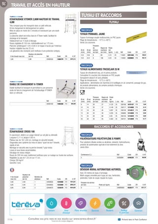 1116 Présent dans le Pack ConfianceConsultez vos prix nets et vos stocks sur www.tereva-direct.fr*
*ouverture de compte obligatoire
TRAVAIL ET ACCÈS EN HAUTEUR
ECHAFAUDAGE XTOWER 2,80M HAUTEUR DE TRAVAIL
4,8M­
Très compact pour les transports dans un petit véhicule.
Kit de chargement et déchargement en option.
Mise en place en moins de 3 minutes et manoeuvre par une seule
personne.
Le plancher pliant est inclus dans le X’Tower replié, facilitant le
stockage et le transport.
Déplacement sur 4 roues à blocage.
Roues réglables Ø 150 mm, individuellement sur 175 mm.
Plancher antidérapant 1,54 x 0,60 m et trappe d’accès par l’intérieur.
Hauteur réglable tous les 25 cm.
Les glissières des montants sont revêtues d’une protection antigrip.
H de travail max (m)
Hauteur de plancher
(en m) Réf Code CR € HT
3,85 2,80 22405530 1466279 F72 3473,12
DIABLE DE CHARGEMENT X-TOWER­
Diable facilitant le transport et permettant à une personne
seule de faire le chargement de l’échafaudage X’TOWER
dans un véhicule.
Réf Code CR € HT
20405100 1466280 F72 302,00
ÉCHAFAUDAGE CROSS 180­
En aluminium, dédié à un usage intensif sur sol plat ou dénivelé.
Longueur 2,11 m, largeur 0.80 m.
Plateau bac de 167 x 60 cm, montage en sécurité breveté.
Diagonales avec système de mise en place “quart de tour” breveté,
rapide et sûr.
Montage en sécurité avec la perche breveté T-grip inclue.
Lisses et sous lisses escamotables.
Décalage de niveau intégré.
Roues de 200 mm avec revêtement antitrace pour un roulage sur toutes les surfaces.
Réglables au pas de 1,25 cm sur 17 cm.
Charge 200 kg/m2
Garantie 3 ans.
H de travail
max (m)
Hauteur de
plancher
(en m)
Nombre de
plateaux Réf Code CR € HT
4,84 2.84 1 22404630 1253668 F72 1914,81
6,84 4.84 2 22404650 1253669 F72 2843,47
8,84 6.84 3 22404670 1253670 F72 4018,92
TUYAU
TUYAUX PRIMABEL JAUNE­
Tuyaux d’arrosage souple multicouches, en PVC jaune.
Plage de températures : -15°C à +60°C.
Vente à la couronne.
Ø int.
(mm)
Ø ext.
(mm)
Pression
de
service
(en bar)
Rayon de
courbure
(en mm)
Poids
(en
kg/m) L (m) Réf Code CR € HT
14.5 18.6 8 80 0,15 25 116381 029146A F76 39,53
18.5 23.3 6 100 0.23 25 116400 030086S F76 59,14
TUYAUX ALIMENTAIRES TRICOCLAIR 25 M­
Tuyaux de refoulement eau, air et autres produits.
Conception tri-couches très résistante en PVC souple
transparent classe A et sans phtalate.
Plage de températures : -15°C à +60°C.
Applications : alimentation de machines et d’outillages en air comprimé, passage de gaz,
de produits alimentaires, de certains produits chimiques.
Vente à la couronne.
Ø int.
(mm)
Ø ext.
(mm)
Pression
de service
(en bar)
Rayon de
courbure
(en mm)
Poids
(en
kg/m) L (m) Réf Code CR € HT
8 14 20 27 0.125 25 050106 167515T F76 1,84
10 16 20 37 0.149 25 050117 121400O F76 2,12
12 19 20 45 0.207 25 050128 121401Z F76 2,88
13 20 20 50 0.225 25 050695 121402K F76 3,02
15 23 20 60 0.29 25 050130 121403V F76 3,82
20 28 20 85 0.363 25 050141 121405R F76 5,17
RACCORDS ET ACCESSOIRES
PULVÉRISATEURS POLYÉTHYLÈNE À POMPE­
Pour solutions diluées acides ou alcalines, solvants, hydrocarbures,
produits de pulvérisation agricole et de traitement du bois.
Joints Viton.
Contenance (L.) Réf Code CR € HT
5 55050000 424622U F75 86,98
DÉVIDOIR MURAL AUTOMATIQUE AUTOREEL­
Avec 20 mètres de tuyau d’arrosage.
Multi-usages amovible pour tuyau air, eau, herbicides,
pesticides, huile de coupe, équipé du tuyau.
Pression de service
(en bar) Poids (en kg/m) Réf Code CR € HT
8 8 2490R0000 452631T F76 227,77
ÉlectricitéSanitaire Plomberie CouvertureGénie
climatique
Pièces détachées Outillage
 protection
TUYAU ET RACCORDS
Tereva_06_OUTILLAGE_EQUIPEMENT_Arbo2.indd 1116 14/02/2017 16:22
 
