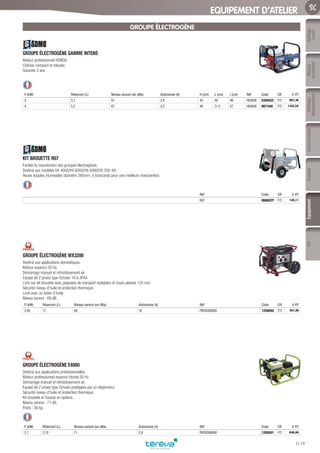 Outillage
àmain
Mesure
etcontrôle
Outillage
électroportatif
ConsommablesSoudure
1119
EquipementEPI
EQUIPEMENT D’ATELIER
GROUPE ÉLECTROGÈNE
GROUPE ÉLECTROGÈNE GAMME INTENS­
Moteur professionnel HONDA.
Châssis compact et robuste.
Garantie 3 ans.
P (kW) Réservoir (L) Niveau sonore (en dBa) Autonomie (h) H (cm) L (cm) l (cm) Réf Code CR € HT
3 3,1 67 2,4 43 59 46 HX3000 539403Z F72 991,36
4 5,3 67 2,5 49 71,5 57 HX4000 097184I F72 1343,55
KIT BROUETTE R07­
Facilite la manutention des groupes électrogènes.
Destiné aux modèles HX 4000/HX 6000/HX 6080/VX 200-4H.
Roues souples increvables diamètre 260mm. 4 brancards pour une meilleure manutention.
Réf Code CR € HT
R07 068602Y F72 120,11
GROUPE ÉLECTROGÈNE WX3200­
Destiné aux applications domestiques.
Moteur essence 50 Hz.
Démarrage manuel et refroidissement air.
Equipé de 2 prises type Schuko 16 A, IP44.
Livré sur kit brouette avec poignées de transport repliables et roues pleines 125 mm.
Sécurité niveau d’huile et protection thermique.
Livré avec un bidon d’huile.
Niveau sonore : 69 dB.
P (kW) Réservoir (L) Niveau sonore (en dBa) Autonomie (h) Réf Code CR € HT
2,95 17 69 16 PR242SXI000 1256502 F72 501,90
GROUPE ÉLECTROGÈNE E4000­
Destiné aux applications professionnelles.
Moteur professionnel essence Honda 50 Hz.
Démarrage manuel et refroidissement air.
Equipé de 2 prises type Schuko protégées par un disjoncteur.
Sécurité niveau d’huile et protection thermique.
Kit brouette et housse en options.
Niveau sonore : 71 dB.
Poids : 36 kg.
P (kW) Réservoir (L) Niveau sonore (en dBa) Autonomie (h) Réf Code CR € HT
3,1 3,10 71 2,8 PA292SHI000 1256501 F72 646,80
Tereva_06_OUTILLAGE_EQUIPEMENT_Arbo2.indd 1119 14/02/2017 16:22
 
