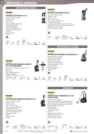 1122 Présent dans le Pack ConfianceConsultez vos prix nets et vos stocks sur www.tereva-direct.fr*
*ouverture de compte obligatoire
NETTOYAGE ET ASPIRATION
NETTOYEUR EAU FROIDE
NETTOYEUR À EAU FROIDE HD 5/11 P+­
Gamme HD Compact monophasé.
Puissance : 2,2 kW.
Débit : 500 L/h.
Pression : 110 bar.
Pour un nettoyage rapide et efficace.
Température maxi eau 60°C.
Poignée pistolet rallongée.
Lance en acier inoxydable 400 mm.
Flexible haute pression 10 mètres.
Buse triple.
Système antivrillage.
Stop total.
Pression
(bar) P (kW)
Débit
(L./h)
Plage de
pression
(bar) Réf Code CR € HT
110 2,2 500 115 1.520-191.0 549990C F72 790,83
NETTOYEUR HAUTE PRESSION EAU FROIDE HD
5/13 C + KIT CANALISATION­
Pression 160 bar maxi (pression de service 130 bar)
Débit 500 L/h
Moteur 2.6 kW
Culasse professionnelle en laiton
Pistons grande longévité
Température d’alimentation d’eau : 60°C
Pression (bar) P (kW) Débit (L./h) Réf Code CR € HT
160 2,6 500 TBD 1393293 F72 841,50
NETTOYEUR HAUTE PRESSION EAU FROIDE HD 5/15 C+­
Gamme Compact HD monophasé.
Puissance : 2,7 kW.
Débit : 230-500 L/h.
Pression : de 30 à 150 bar.
Pour un nettoyage rapide et efficace.
Température maxi eau 60 °C.
Poignée pistolet Easy Press rallongée.
Lance en acier inoxydable 550 mm.
Flexible haute pression.
Rotabuse.
Système antivrillage.
Stop total.
P (kW) Débit (L./h)
Plage de
pression (bar) Réf Code CR € HT
2,7 230-500 De 30 à 150 15201420 1107214 F72 970,08
NETTOYEUR À EAU FROIDE HD 6/15 CX+­
Gamme HD Compact monophasé.
Puissance : 3,1 kW.
Débit : 230-560 L/h.
Pression : de 30 à 150 bar.
Pour un nettoyage rapide et efficace.
Température maxi eau 60°C.
Livré avec rotabuse et flexible haute pression 15 mètres.
Poignée pistolet Easy Press avec grip élastomère de confort.
Réglage de la pression en continu.
Lance en acier inoxydable 850 mm.
P (kW) Débit (L./h)
Plage de
pression (bar) Réf Code CR € HT
3,1 230-560 De 30 à 150 11506500 568785V F72 1330,35
NETTOYEUR EAU CHAUDE
NETTOYEUR HAUTE PRESSION EAU CHAUDE HDS 5/11 U­
Gamme HDS Upright, monophasé.
Maniabilité, facilité de transport.
Température maxi eau 80°C.
Poignée pistolet HP rallongée.
Lance en acier inoxydable 550 mm.
Flexible haute pression 10 mètres.
Buse triple manuelle.
Réservoir à carburant : 6,5 L.
Système antivrillage.
Stop total.
Pression
(bar) P (kW)
Débit
(L./h)
Plage de
pression
(bar) Réf Code CR € HT
110 2,2 450 110 10640300 1112037 F72 1834,86
ASPIRATEUR
ASPIRATEUR EAU ET POUSSIÈRES NT 14/1 ECO
TE ADV 14 LITRES­
Compact, pratique et maniable.
Equipé d’un dispositif marche/arrêt automatique pour les
outils électriques branchés directement sur l’aspirateur.
Arrêt automatique lorsque le niveau maximum est atteint.
Rangement intégré des accessoires.
Puissance 1380 W.
Cuve polypropylène 14 L.
S’adapte sur rainureuse.
Poids 14 kg.
Dépression : 230/23 mbar/kPa.
Diamètre nominal standard : 35 mm.
Longueur flexible : 2,5 mètres.
Suceur sol universel : 300 mm.
Pression (bar) P (W)
Contenance
(L.) Réf Code CR € HT
230 1380 14 15101270 1164465 F72 521,13
Tereva_06_OUTILLAGE_EQUIPEMENT_Arbo2.indd 1122 14/02/2017 16:22
 