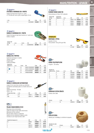Outillage
àmain
Mesure
etcontrôle
Outillage
électroportatif
ConsommablesSoudure
1125
EquipementEPI
MANUTENTION - LEVAGE
SYSTÈME D’ARRIMAGE EN 1 PARTIE­
Sangle d’arrimage loisir-tourisme en 1 partie.
LC 100 daN avec came à griffe, sangle largeur 25 mm.
L (m) Réf Code CR € HT
2,5 Q910250B30 016349X F76 4,86
SANGLE D’ARRIMAGE EN 1 PARTIE­
Sangle d’arrimage de type loisirs-tourisme en 1 partie avec
tendeur à cliquets.
Charge utile
(en kg) L (m) l (mm) Réf Code CR € HT
500 5 25 Q8LAB0500V30 067298G F76 5,51
SANGLE EN 2 PARTIES­
Systèmes d’arrimage en 2 parties
Tendeur à cliquets.
Poignée large.
Double verrouillage.
Capacité de
levage (en t) L (m) l (mm) Réf Code CR € HT
1,2 3 25 8LAB21210500300V30 076596A F76 6,83
1,2 5 25 8LAB21210500500V30 070380E F76 8,49
3,5 5 35 9PL2A120500500B 004825J F76 20,03
5 9 50 4Y6E6E0350900B6 083042E F76 22,05
SANGLE À ENROULEUR AUTOMATIQUE­
Largeur 50 mm avec deux crochets aux extrémités.
Enroulement automatique grâce à un bouton situé sur le
cliquet.
Capacité d’amarrage : 750 daN.
Coloris : noir.
Charge utile (en kg) L (m) Réf Code CR € HT
500 3,14 49050 11 1174375 F76 27,44
1500 3,25 49049 11? 1174376 F76 28,25
PALAN À MAIN MODÈLE VS III­
Mécanique interne bichromatée.
Chaîne de charge en acier traitée anticorrosion.
Mécanisme de frein cartérisé.
Noix de chaîne montée sur roulements.
Système de frein entièrement intégré au carter.
Crochets en acier forgé tournants à 360°.
Capacité de levage (en t) Réf Code CR € HT
0,5 VSIII500 443864Q F75 143,98
1 VSIII1T 443867X F75 258,82
2 VSIII2T1B 443870E F75 322,32
3 VSIII3T1B 443873L F75 460,38
ÉLINGUE RONDE SANS FIN­
Ames porteuses en fibres 100 % polyester.
Charge utile
(en kg)
Capacité de
levage (en t) L (m) Réf Code CR € HT
2000 2 1,5 LR0201.1-150 070573V F76 11,34
2000 2 2 LR0202.1 070574G F76 12,01
2000 2 3 LR0203.1 083046W F76 17,89
3000 3 3 LR0303.1 075369X F76 23,85
VENTOUSE 2 TÊTES­
Diamètre 120 mm.
Force portante : 60 kg (30 kg par tête).
Réf Code CR € HT
2-14-054 198121L F74 64,95
CORDE POLYPROPYLÈNE­
Longueur : 100 mètres.
Diamètre de
cable (en mm) Ø (mm) L (m) Réf Code CR € HT
6 6 100 CPPCE006 541826C F76 25,22
8 8 100 CPPCE008 541827N F76 36,91
10 10 100 CPPCE010 541828Y F76 44,63
12 12 100 CPPCE012 541829J F76 59,85
CORDEAUX COTON CÂBLÉS­
Cordeau coton câblé.
Ø (mm) L (m) Réf Code CR € HT
1,5 55 CORCC015 477428U F76 1,96
FICELLES SISAL­
Utilisées pour l’emballage, la confection de paquets...
Diamètre de cable
(en mm) Ø (mm) Réf Code CR € HT
4 4 FICSI613 029537L F76 8,98
Tereva_06_OUTILLAGE_EQUIPEMENT_Arbo2.indd 1125 14/02/2017 16:22
 