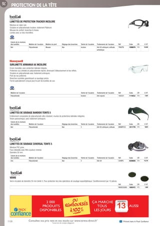 1130 Présent dans le Pack ConfianceConsultez vos prix nets et vos stocks sur www.tereva-direct.fr*
*ouverture de compte obligatoire
PROTECTION DE LA TÊTE
LUNETTES DE PROTECTION TRACKER INCOLORE­
Monture en nylon noir.
Oculaire en polycarbonate incolore, traitement Platinum.
Mousse de confort, branches  tresse.
Livrées avec un étui microfibre.
Coloris de la monture
des lunettes Matière de l’oculaire Matière du joint Réglage des branches Teinte de l’oculaire Traitements de l’oculaire Réf Code CR € HT
Noir Polycarbonate Mousse Non Incolore Anti-UV, antirayure, antibuée,
antistatique
TRACPSI 1098079 F74 12,58
SURLUNETTE ARMAMAX AX INCOLORE­
Ecran monobloc avec protection latérale intégrée.
Protection sus-orbitale en polycarbonate injecté, diminuant l’éblouissement et les reflets.
Oculaire en polycarbonate avec traitement antirayure.
Pont de nez préformé.
Branches courbées garantissant un ajustage précis.
Forme spécialement conçue pour le port de lunettes de vue.
Matière de l’oculaire Teinte de l’oculaire Traitements de l’oculaire Réf Code CR € HT
Polycarbonate Incolore Anti-rayures 1002221 111633J F74 7,83
LUNETTES DE SOUDAGE BANDIDO TEINTE 5­
Entièrement composées de polycarbonate ultra-résistant, munies de protections latérales intégrées.
Vision panoramique, avec traitement antirayure.
Coloris de la monture
des lunettes Matière de l’oculaire Réglage des branches Teinte de l’oculaire Traitements de l’oculaire Réf Code CR € HT
Noir Polycarbonate Non 5 Anti-UV, antirayure, antibuée BANWPCC5 1011778 F74 9,64
LUNETTES DE SOUDAGE COVERSAL TEINTE 5­
Monture PVC grise.
Face relevable avec filtre soudure minéral.
Diamètre 50 mm.
Coloris de la monture
des lunettes Matière de l’oculaire Réglage des branches Teinte de l’oculaire Traitements de l’oculaire Réf Code CR € HT
Gris Polycarbonate Non 5 Anti-UV COVRP5 422692G F74 13,16
VERRE­
Verre circulaire de diamètre 50 mm teinte 5. Pour protection lors des opérations de soudage oxyacétylénique. Conditionnement par 10 pièces.
Réf Code CR € HT
W000335085 1083472 F73 1,89
2 000
PRODUITS
DISPONIBLES
A MARCHE
TOUS
LES JOURS
AUSSIA
Ç VENDREDI
Tereva_06_OUTILLAGE_EPI_Arbo2.indd 1130 25/02/2017 18:54
 