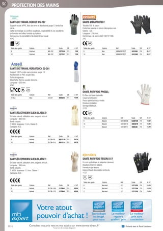 1134 Présent dans le Pack ConfianceConsultez vos prix nets et vos stocks sur www.tereva-direct.fr*
*ouverture de compte obligatoire
PROTECTION DES MAINS
GANTS DE TRAVAIL DEXCUT WG-787­
Support tricoté HPPE, fibre de verre et élasthanne jauge 13 enduit de
nitrile.
Cette technologie lui confère souplesse, respirabilité et une excellente
préhension en milieu humide ou huileux.
Conçus pour la sensibilité et la dextérité au travail.
4542
Taille des gants Coloris Réf Code CR € HT
9 Gris/noir WG-787 1377016 F74 7,08
10 Gris/noir WG-787 1377017 F74 7,08
GANTS DE TRAVAIL VERSATOUCH 23-201­
Support 100 % coton sans couture, jauge 13.
Revêtement en PVC souple bleu.
Surface rugueuse.
Manchette thermo-soudée étanche.
Longueur : 620 mm.
4542
Taille des gants Coloris Réf Code CR € HT
10 (XL) Bleu 23-201 992687Z F74 15,88
GANTS ÉLECTRICIEN GLE36 CLASSE 0­
En latex naturel, utilisation avec surgants en cuir.
Longueur : 360 mm.
Bords coupés.
1 000 V, épaisseur 1 mm, Classe 0.
Catégorie ACZ.
Taille des gants Coloris Réf Code CR € HT
9 Naturel GLE36-0/9 081211N F74 28,70
10 Naturel GLE36-0/10 081213J F74 28,70
GANTS ÉLECTRICIEN GLE36 CLASSE 1­
En latex naturel, utilisation avec surgants en cuir.
Longueur : 360 mm.
Bords coupés.
7 500 V, épaisseur 1,5 mm, Classe 1.
Catégorie ACZ.
Taille des gants Coloris Réf Code CR € HT
9 Naturel GLE36-1/09 1176641 F74 40,44
10 Naturel GLE36-1/10 1176642 F74 40,44
GANTS VIBRAPROTECT­
Tricotés 100 % coton.
Enduction paume en blocs chloroprène noir.
Coloris : noir.
Longueur : 250 mm.
Conformes à la norme ISO 10819 1996.
243
Taille des gants Coloris Réf Code CR € HT
9 Noir VIBRAPROTECT 1013301 F74 20,17
10 Noir VIBRAPROTECT 1013302 F74 20,17
GANTS ANTIFROID PROGEL­
En fleur de bovin naturelle.
Coupe américaine.
Pouce palmé et retour index.
Doublure molleton.
Serrage élastique.
2122
Taille des gants Coloris Réf Code CR € HT
9 Naturel 52518EF09 532015H F74 14,82
10 Naturel 52518EF10 490467H F74 14,82
11 Naturel 52518EF11 490538I F74 14,59
GANTS ANTIFROID TEGERA 517­
En cuir synthétique et polyester (dessus).
Doublure hiver en polaire.
Fermeture par Velcro.
Index et bouts des doigts renforcés.
1121
Taille des gants Coloris Réf Code CR € HT
9 Noir/vert 517 1271253 F74 13,16
10 Noir/vert 517 1271254 F74 13,16
11 Noir/vert 517 1271255 F74 13,16
Technologie
et design
pour tous
Le meilleur
rapport
qualité / prix
Le meilleur
prix sans
concession
Votre atout
pouvoir d’achat !
Tereva_06_OUTILLAGE_EPI_Arbo2.indd 1134 25/02/2017 18:54
 