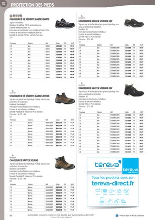 1136 Présent dans le Pack ConfianceConsultez vos prix nets et vos stocks sur www.tereva-direct.fr*
*ouverture de compte obligatoire
PROTECTION DES PIEDS
CHAUSSURES DE SÉCURITÉ BASSES DARTS­
Tige en microfibre.
Doublure SmellStop 100 % antibactérienne.
Semelle intérieure Dry’n Air.
Intercalaire antiperforation non métallique Fresh’n Flex.
Embout de sécurité non métallique SlimCap.
Semelle bi-densité PU/Tpu : AirTech Tpu-Skin.
S1P
Pointure Coloris Réf Code CR € HT
36 Noir B0643 1225003 F74 100,96
37 Noir B0643 1225004 F74 100,96
38 Noir B0643 1225005 F74 100,96
39 Noir B0643 1225006 F74 100,96
40 Noir B0643 1225007 F74 100,96
41 Noir B0643 1225008 F74 100,96
42 Noir B0643 1225009 F74 100,96
43 Noir B0643 1225010 F74 100,96
44 Noir B0643 1225011 F74 100,96
45 Noir B0643 1225012 F74 100,96
46 Noir B0643 1225013 F74 100,96
47 Noir B0643 1225014 F74 100,96
CHAUSSURES DE SÉCURITÉ BASSES BREVA­
Tige en cuir pleine fleur hydrofuge Pull-Up marron avec
surembout de protection.
Doublure Cambrelle®.
Intercalaire antiperforation non métallique.
Embout de sécurité non métallique.
Semelle Parabolic® Hélium en PU bi-densité.
Pointures : de 35 à 48.
S3
Pointure Coloris Réf Code CR € HT
39 Marron BRENS30BF 992224C F74 71,32
40 Marron BRENS30BF 992225N F74 71,32
41 Marron BRENS30BF 992226Y F74 71,32
42 Marron BRENS30BF 992227J F74 71,32
43 Marron BRENS30BF 992230Q F74 71,32
44 Marron BRENS30BF 992231B F74 71,32
45 Marron BRENS30BF 992233X F74 71,32
46 Marron BRENS30BF 992234I F74 71,32
47 Marron BRENS30BF 992235T F74 71,32
CHAUSSURES HAUTES SOLANO­
Tige en cuir pleine fleur hydrofuge Pull-Up marron avec
surembout de protection.
Doublure Cambrelle®.
Intercalaire antiperforation non métallique.
Embout de sécurité non métallique.
Semelle Parabolic® Hélium en PU bi-densité.
Pointures : de 35 à 48.
S3
Pointure Coloris Réf Code CR € HT
39 Marron SOLNS30BF 992249R F74 71,39
40 Marron SOLNS30BF 992250C F74 71,39
41 Marron SOLNS30BF 992251N F74 71,39
42 Marron SOLNS30BF 992252Y F74 71,39
43 Marron SOLNS30BF 992253J F74 71,39
44 Marron SOLNS30BF 992254U F74 71,39
45 Marron SOLNS30BF 992255F F74 71,39
46 Marron SOLNS30BF 992256Q F74 71,39
47 Marron SOLNS30BF 992257B F74 71,39
CHAUSSURES BASSES STORMIX CAP­
Tige en cuir de buffle pleine fleur grainé hydrofuge noir
avec sur embout de protection.
Doublure 3D.
Intercalaire antiperforation métallique.
Embout de sécurité métallique.
Semelle K40 en PU bi-densité.
Pointures : 37 à 48.
S3
Pointure Coloris Réf Code CR € HT
37 Noir STORMIXCAPB 1218390 F74 33,57
38 Noir STORMIXCAPB 1218391 F74 33,57
39 Noir STORMIXCAPB 1218392 F74 33,57
40 Noir STORMIXCAPB 1218393 F74 33,57
41 Noir STORMIXCAPB 1218394 F74 33,57
42 Noir STORMIXCAPB 1218395 F74 33,57
43 Noir STORMIXCAPB 1218396 F74 33,57
44 Noir STORMIXCAPB 1218397 F74 33,57
45 Noir STORMIXCAPB 1218398 F74 33,57
46 Noir STORMIXCAPB 1218399 F74 33,57
47 Noir STORMIXCAPB 1218400 F74 33,57
CHAUSSURES HAUTES STORMIX CAP­
Tige en cuir de buffle pleine fleur grainé hydrofuge noir
avec sur embout de protection.
Doublure 3D.
Intercalaire antiperforation métallique.
Embout de sécurité métallique.
Semelle K40 en PU bi-densité.
Pointures : 37 à 48.
S3
Pointure Coloris Réf Code CR € HT
35 Noir STORMIXCAPH 1218402 F74 34,07
36 Noir STORMIXCAPH 1218403 F74 34,07
37 Noir STORMIXCAPH 1218404 F74 34,07
38 Noir STORMIXCAPH 1218405 F74 34,07
39 Noir STORMIXCAPH 1218406 F74 34,07
40 Noir STORMIXCAPH 1218407 F74 34,07
41 Noir STORMIXCAPH 1218408 F74 34,07
42 Noir STORMIXCAPH 1218409 F74 34,07
43 Noir STORMIXCAPH 1218410 F74 34,07
44 Noir STORMIXCAPH 1218411 F74 34,07
45 Noir STORMIXCAPH 1218412 F74 34,07
46 Noir STORMIXCAPH 1218413 F74 34,07
47 Noir STORMIXCAPH 1218414 F74 34,07
48 Noir STORMIXCAPH 1218415 F74 34,07
Tous les produits sont sur
tereva-direct.fr
Sanitaire Chauffage Robinetterie Électricité Outillage
Chaudières Canalisations ProtectionConsommables
Tereva_06_OUTILLAGE_EPI_Arbo2.indd 1136 25/02/2017 18:54
 