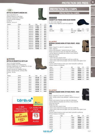 Outillage
àmain
Mesure
etcontrôle
Outillage
électroportatif
ConsommablesSoudure
1137
EquipementEPI
PROTECTION DES PIEDS
BOTTES DE SÉCURITÉ ARDÈCHE SEC­
Tige en polyuréthane vert.
Doublure intérieure en coton jersey.
Intercalaire antiperforation métallique.
Embout de sécurité métallique.
Semelle PU.
Pointures : de 36 à 47.
Pointure Coloris Réf Code CR € HT
35 Vert 00A254735 1175991 F74 69,61
36 Vert 00A254736 1175992 F74 69,61
37 Vert 00A254737 540093X F74 69,61
38 Vert 00A254738 540094I F74 69,61
39 Vert 00A254739 540095T F74 69,61
40 Vert 00A254740 540096E F74 69,61
41 Vert 00A254741 540097P F74 69,61
42 Vert 00A254742 540098A F74 69,61
43 Vert 00A254743 540099L F74 69,61
44 Vert 00A254744 540100W F74 69,61
45 Vert 00A254745 540102S F74 69,61
46 Vert 00A254746 540103D F74 69,61
47 Vert 00A254747 540104O F74 69,61
48 Vert 00A254748 1167992 F74 69,61
BOTTES DE SÉCURITÉ ELK DRY’N AIR­
Tige en cuir graissé hydrofuge.
Doublure SmellStop 100 % antibactérienne.
Intercalaire antiperforation non métallique Dry’n Air plus
avec système de circulation d’air.
Embout de sécurité non métallique SlimCap.
Semelle bi-densité PU/nitrile : All Terrain HRO.
Pointures : 39 à 46.
S3
Pointure Coloris Réf Code CR € HT
39 Marron B0745 1241199 F74 106,96
40 Marron B0745 1241200 F74 106,96
41 Marron B0745 1241201 F74 106,96
42 Marron B0745 1241202 F74 106,96
43 Marron B0745 1241203 F74 106,96
44 Marron B0745 1241204 F74 106,96
45 Marron B0745 1241205 F74 106,96
46 Marron B0745 1241206 F74 106,96
47 Marron B0745 1241207 F74 106,96
PROTECTION DU CORPS
CASQUETTE DE TRAVAIL BAHIA BLEUE MARINE­
En 100 % coton sergé léger.
Fermeture arrière réglable par bande auto-agrippante.
Coloris Taille Réf Code CR € HT
Bleu marine Unique KP013_BLUE
NAVY_TU
504403H F74 3,11
BERMUDA CRUSHER WORK ATTITUDE UPDATE - BEIGE/
NOIR­
Matière : Sergé 65 %, coton 35 %, polyester 250 g.
Coloris : beige/noir.
Ceinture droite élastiquée 7 passants fermée par 1 bouton.
Passant porte-boucle en tresse avec détail rétro réfléchissant.
2 poches italiennes contrastées avec entrées en tissu Cordura®.
Poche ticket côté droit.
Sangle porte-outils.
1 poche mètre avec surpoche crayon.
1 poche cuisse à rabat fermé par gripper caché avec soufflet bas.
1 poche cuisse à rabat fermé par gripper caché avec double entrée zippée et avec
soufflet bas.
2 poches revolver fermées par velcro avec renfort Cordura® et soufflet bas.
Panneau d’aisance à l’entrejambe.
Coloris Taille Réf Code CR € HT
Beige/noir 0 1ATBUP 1692534 F74 39,62
Beige/noir 1 1ATBUP 1692535 F74 39,62
Beige/noir 2 1ATBUP 1692536 F74 39,62
Beige/noir 3 1ATBUP 1692537 F74 39,62
Beige/noir 4 1ATBUP 1692538 F74 39,62
Beige/noir 5 1ATBUP 1692539 F74 39,62
Beige/noir 6 1ATBUP 1692540 F74 39,62
BERMUDA CRUSHER WORK ATTITUDE UPDATE - NOIR/
GRIS­
Matière : Sergé 65 %, coton 35 %, polyester 250 g.
Coloris : noir/gris.Ceinture droite élastiquée 7 passants fermée par 1
bouton.
Passant porte-boucle en tresse avec détail rétro réfléchissant.
2 poches italiennes contrastées avec entrées en tissu Cordura®.
Poche ticket côté droit.
Sangle porte-outils.
1 poche mètre avec surpoche crayon.
1 poche cuisse à rabat fermé par gripper caché avec soufflet bas.
1 poche cuisse à rabat fermé par gripper caché avec double entrée zippée et avec
soufflet bas.
2 poches revolver fermées par velcro avec renfort Cordura® et soufflet bas.
Panneau d’aisance à l’entrejambe.
Coloris Taille Réf Code CR € HT
Noir/gris 0 1ATBUP 1692548 F74 39,62
Noir/gris 1 1ATBUP 1692549 F74 39,62
Noir/gris 2 1ATBUP 1692550 F74 39,62
Noir/gris 3 1ATBUP 1692551 F74 39,62
Noir/gris 4 1ATBUP 1692552 F74 39,62
Noir/gris 5 1ATBUP 1692553 F74 39,62
Noir/gris 6 1ATBUP 1692554 F74 39,62
2 000
PRODUITS
DISPONIBLES
VENDREDI
ÇA MARCHE
TOUS
LES JOURS
AUSSI
PROTECTION DU CORPS
Tereva_06_OUTILLAGE_EPI_Arbo2.indd 1137 25/02/2017 18:54
 