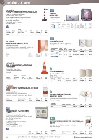 1148 Présent dans le Pack ConfianceConsultez vos prix nets et vos stocks sur www.tereva-direct.fr*
*ouverture de compte obligatoire
HYGIÈNE - SÉCURITÉ
POTEAU PVC AVEC SANGLE ÉTIRABLE ROUGE/BLANC­
Poteau en PVC hachurés rouge et blanc.
Diamètre 50 mm. Hauteur 0.90 m.
Sangle étirable jusqu’à 3 m hachurée rouge et blanc.
Largeur : 50 mm. Longueur : jusqu’à 3 m.
Ré-enroulage automatique.
Peut accueillir jusqu’à 3 arrivées.
Socle 9Kg à lester.
Fixation Matière
Coloris
signalétique L (m) Réf Code CR € HT
Socle 9kg à
lester
PVC Rouge et blanc 3 2800013 1202245 F74 145,52
BARRIÈRE SIGNALISATION PLASTIQUE­
Orange, en polypropylène.
Formule très économique de balisage et de protection des
chantiers, carrières, parcours sportifs, parkings.
L (m) Réf Code CR € HT
50 3319996 079052C F74 52,73
CÔNE DE SIGNALISATION PLASTIQUE ROUGE
FLUORESCENT­
En polyéthylène rouge et blanc.
2 bandes blanches sérigraphiées.
Emboîtable.
Matière
Coloris
signalétique
Format (en
mm) Réf Code CR € HT
Polyéthylène Rouge 280 x 280 x 500 3225341 041840O F74 10,85
FARDIER SANS FEU CYLINDRIQUE BLANC AVEC BANDE
ROUGE­
En polypropylène blanc.
Bande horizontale rouge rétro-réfléchissante.
Fixation par drisse nylon (résistant à 30 kg de traction).
Matière Coloris signalétique Réf Code CR € HT
Polypropylène Rouge et blanc 510105 012330O F74 8,06
KIT SECOURS ANTI-POLLUTION PRÊT À
L’EMPLOI­
Kit secours anti-pollution prêt à l’emploi.
Permet l’absorption de tous types de liquides jusqu’à 10
litres : fuel, hydrocarbures, eau...
Kit composé de :
25 feuilles hydrophiles de format 30x30cm
5 chiffons d’essuyage
1 paire de gants jetables
1 sac de récupération des déchets
Réf Code CR € HT
0012-MBE 1085250 F74 57,74
CHIFFONS
D’ESSUYAGE­
Chiffons d’essuyage,
matière tee-shirt
Conditionnement
essuyage
Poids
(kg)
Coloris
essuyage Matière Type Réf Code CR € HT
Sac 1 1 Blanc Tee-shirt Chiffon BT1-MBE 1085245 F74 8,19
Sac 2 10 Couleurs Tee-shirt Chiffon CTA-MBE 1085243 F74 22,89
OUATE PRÉDÉCOUPÉE­
Ouate prédécoupée 2 plis. Lot de 2 bobines.
Conditionnement
essuyage
Coloris
essuyage
Dim. (L
x l cm) Matière Réf Code CR € HT
Bobine
prédécoupée
Blanc 25 x 35 Ouate
blanche
OM1028E-
MBE
1085246 F74 28,45
Bobine
prédécoupée
Chamois 26 x 35 Ouate
chamois
R1026E2-MBE 1085247 F74 26,63
OUATE BLANCHE LISSE­
En ouate de cellulose recyclée.
2 plis, 18g/m2
.
2 bobines pré-découpées.
Poids (kg) Dim. (L x l cm) Quantité Réf Code CR € HT
2,4 26 x 30 1000 formats OM1028A 113164C F74 25,78
DISTRIBUTEUR BOBINE D’ESSUYAGE
INDUSTRIEL DM5500­
Distributeur mural en métal blanc pour bobine d’essuyage.
Avec barre de coupe.
Coloris des
distributeurs Type de distributeur Réf Code CR € HT
Blanc Essuyage DM-5500 474650M Z00 34,05
DISTRIBUTEUR BOBINE D’ESSUYAGE INDUSTRIEL BLANC
DS5000­
Distributeur sol en métal laqué pour bobine d’essuyage.
Avec barre de coupe.
Coloris des
distributeurs Type de distributeur Réf Code CR € HT
Blanc Essuyage DS-5000 474651X F74 23,14
1 2
Tereva_06_OUTILLAGE_EPI_Arbo2.indd 1148 25/02/2017 18:55
 