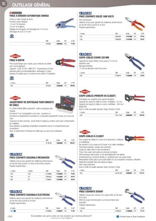1028 Présent dans le Pack ConfianceConsultez vos prix nets et vos stocks sur tereva-direct.fr*
*ouverture de compte obligatoire
OUTILLAGE GÉNÉRAL
PINCE À DÉNUDER AUTOMATIQUE SWINGO­
Corps en nylon chargé de verre.
Fonction coupe intégrée :
1,5 mm2
fil monobrin.
10 mm2
fil multibrin.
Réglage de la longueur de dénudage de 3 à 18 mm.
Dénudage de 0,02 à 10 mm2
.
Réf Code CR € HT
793936 1050364 F00 77,60
PINCE À SERTIR­
Pince automatique pour cosses, pour embouts de câbles
avec col de plastique.
Capacité : 0,08-16 mm2
, AWG 28-7. Transmission de force
optimale grâce à la démultiplication; sertissage à 4 pans.
Gainées bi-matière pour un maximum de confort à l’utilisation.
L (mm) Réf Code CR € HT
180 975304 1245268 F74 180,98
ASSORTIMENT DE SERTISSAGE POUR EMBOUTS
DE CÂBLE­
En coffret TANOS MINI-systainer® : boîte en plastique très
robuste.
Fermeture T-Loc manipulable à une main : ouverture ou
fermeture du systainer® et connexion à un deuxième systainer®, le tout, en un tour de
main.
Ouverture en état connecté : accès facile et rapide au contenu sans avoir à déconnecter
les mallettes.
Deux plateaux en plastique empilables comportant chacun 6 compartiments pour
connecteurs.
Avec un assortiment d’embouts de câble avec ou sans col en plastique.
Réf Code CR € HT
97 90 09 1205360 F74 290,42
PINCE COUPANTE DIAGONALE MÉCANICIEN­
Taillants conçus pour garantir les meilleures performances
sur les fils mous (cuivre), mi-durs et durs (inox, ressort).
Poignée ergonomique.
L (mm) l (mm) Réf Code CR € HT
160 352 E189860 1142939 F74 18,50
180 52 E080202 1141955 F74 20,43
200 65 E189861 1142940 F74 20,84
PINCE COUPANTE DIAGONALE ÉLECTRICIEN­
Taillants conçus pour garantir les meilleures performances
sur les fils mous (cuivre) et mi-durs.
Poignée ergonomique.
L (mm) Réf Code CR € HT
160 E189858 1142937 F74 17,45
PINCE COUPANTE ISOLÉE 1000 VOLTS­
Pour mécanicien.
Taillants conçus pour garantir les meilleures performances
sur les fils mous (cuivre) et mi-durs.
Poignée ergonomique.
L (mm) Réf Code CR € HT
160 E084003 1141958 F74 27,54
180 E084004 1141959 F74 30,42
COUPE-CÂBLES CUIVRE 220 MM­
Capacité de coupe-câbles cuivre jusqu’à 12 mm de
diamètre maxi.
Gainage bimatière.
12 mm de diamètre maxi fil de cuivre.
L (mm) Réf Code CR € HT
220 E189874 1142948 F74 22,83
COUPE-CÂBLES (PRINCIPE DU CLIQUET)­
Outil laqué noir, poignées avec gaines bimatière.
Capacité de coupe du câble en cuivre, multifilaire : 32 mm.
Capacité de coupe du câble en cuivre, multifilaire : 240 mm2
.
MCM 500.
Acier à outils de qualité spéciale, forgé, trempé à l’huile.
L (mm) Réf Code CR € HT
250 95 31 250 436029V F74 229,26
COUPE-CÂBLES À CLIQUET­
Pour couper les câbles en cuivre et en aluminium, unifilaires
et multifilaires.
Ne convient ni à la coupe du fil d’acier ni du câble métallique.
Tranchants trempés, meulés avec précision.
Coupe du câble nette et sans écrasement.
Prise d’une seule main grâce au principe du cliquet.
Effort physique réduit grâce à une démultiplication très élevée.
Entraînement par couronne dentée à 2 positions pour une coupe facile.
Manipulation facile grâce à son poids faible et à sa conception compacte, utilisation
également possible dans des espaces exigus.
Avec ergot protecteur.
Acier à outils de qualité spéciale, forgé, trempé à l’huile.
l (mm) Réf Code CR € HT
250 95 36 250 1205361 F74 313,21
PINCE COUPANTE DEVANT­
Taillants conçus pour assurer une coupe nette sur fils durs
et mi durs.
Effort de coupe minimal grâce à un bras de levier plus
important.
Poignée ergonomique.
L (mm) Réf Code CR € HT
160 E189875 1142949 F74 21,12
Tereva_06_OUTILLAGE_01_Main_1016_1051.indd 1028 20/02/2017 11:46
 