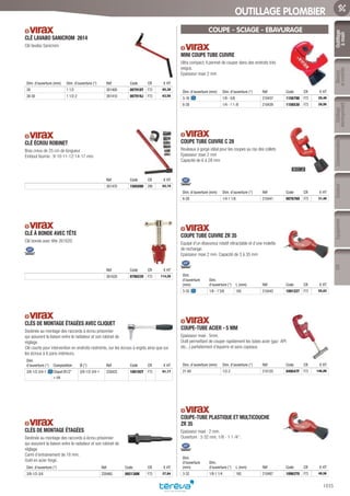Outillage
àmain
Mesure
etcontrôle
Outillage
électroportatif
ConsommablesSoudure
1035
EquipementEPI
OUTILLAGE PLOMBIER
CLÉ LAVABO SANICROM 2614­
Clé lavabo Sanicrom.
Dim. d’ouverture (mm) Dim. d’ouverture (“) Réf Code CR € HT
38 1 1/2 261400 007918Y F73 65,38
38-50 1 1/2-2 261410 007919J F73 63,56
CLÉ ÉCROU ROBINET­
Bras creux de 25 cm de longueur.
Embout fournis : 9-10-11-12-14-17 mm.
Réf Code CR € HT
261470 1565090 299 62,19
CLÉ À BONDE AVEC TÊTE­
Clé bonde avec tête 261620
Réf Code CR € HT
261620 079023V F73 114,28
CLÉS DE MONTAGE ÉTAGÉES AVEC CLIQUET­
Destinée au montage des raccords à écrou prisonnier
qui assurent la liaison entre le radiateur et son robinet de
réglage.
Clé courte pour intervention en endroits restreints, sur les écrous à ergots ainsi que sur
les écrous à 6 pans intérieurs.
Dim.
d’ouverture (“) Composition Ø (“) Réf Code CR € HT
3/8-1/2-3/4-1 Cliquet Ø1/2”
+ clé
3/8-1/2-3/4-1 220425 100192Y F73 61,17
CLÉS DE MONTAGE ÉTAGÉES­
Destinée au montage des raccords à écrou prisonnier
qui assurent la liaison entre le radiateur et son robinet de
réglage.
Carré d’entrainement de 18 mm.
Outil en acier forgé.
Dim. d’ouverture (“) Réf Code CR € HT
3/8-1/2-3/4 220460 092138M F73 27,84
COUPE - SCIAGE - EBAVURAGE
MINI COUPE TUBE CUIVRE­
Ultra compact, il permet de couper dans des endroits très
exigus.
Epaisseur maxi 2 mm
Dim. d’ouverture (mm) Dim. d’ouverture (“) Réf Code CR € HT
3-16 1/8 - 5/8 210437 1156798 F73 20,48
6-28 1/4 - 1 1 /8 210439 1156530 F73 28,95
COUPE TUBE CUIVRE C 28­
Rouleaux à gorge idéal pour les coupes au ras des collets
Epaisseur maxi 2 mm
Capacité de 6 à 28 mm
Dim. d’ouverture (mm) Dim. d’ouverture (“) Réf Code CR € HT
6-28 1/4-1 1/8 210441 007676O F73 31,48
COUPE TUBE CUIVRE ZR 35­
Equipé d’un ébavureur rotatif rétractable et d’une molette
de rechange.
Epaisseur maxi 2 mm. Capacité de 3 à 35 mm
Dim.
d’ouverture
(mm)
Dim.
d’ouverture (“) L (mm) Réf Code CR € HT
3-35 1/8 - 1’3/8 165 210443 1091227 F73 55,03
COUPE-TUBE ACIER - 5 MM­
Epaisseur maxi : 5mm.
Outil permettant de couper rapidement les tubes acier (gaz- API-
etc...) parfaitement d’équerre et sans copeaux.
Dim. d’ouverture (mm) Dim. d’ouverture (“) Réf Code CR € HT
21-60 1/2-2 210120 049547F F73 146,86
COUPE-TUBE PLASTIQUE ET MULTICOUCHE
ZR 35­
Epaisseur maxi : 2 mm.
Ouverture : 3-32 mm, 1/8 - 1 1 /4’’.
Dim.
d’ouverture
(mm)
Dim.
d’ouverture (“) L (mm) Réf Code CR € HT
3-32 1/8-1 1/4 165 210487 1096370 F73 49,56
Tereva_06_OUTILLAGE_01_Main_1016_1051.indd 1035 20/02/2017 11:46
 