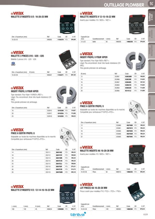 Outillage
àmain
Mesure
etcontrôle
Outillage
électroportatif
ConsommablesSoudure
1039
EquipementEPI
OUTILLAGE PLOMBIER
MALETTE D’INSERTS U Ø : 16-20-25 MM­
Dim. d’ouverture (mm) Réf Code CR € HT
16-20-25 990063 1154270 F73 354,00
MALETTE 3 PINCES U16 - U20 - U26­
Malette 3 pinces U16 - U20 - U26
Dim. d’ouverture (mm) Ø (mm) Réf Code CR € HT
16-20-26 - 990057 1154271 F73 657,35
INSERT PROFIL U POUR VIPER­
Type standard. Pour Viper i10/M20+/M21+.
Léger. Peu encombrant. Acier très haute résistance (33
HRC).
Très grande précision de sertissage.
Dim. d’ouverture (mm) Réf Code CR € HT
16 252915 1010248 F73 110,07
20 252917 1010254 F73 115,08
25 252918 1010255 F73 108,24
PINCE À SERTIR PROFIL U­
Adaptable sur toutes les machines disponibles sur le marché.
Compatible pour sertisseuse P10/P22+/P25+.
Dim. d’ouverture (mm) Réf Code CR € HT
14 253111 894745Z F73 185,23
16 253112 894747V F73 189,64
18 253113 894749R F73 185,23
20 253114 894751N F73 185,23
25 253115 894753J F73 189,64
32 253116 894755F F73 275,31
40 253117 894757B F73 312,73
50 253118 894758M F73 355,16
MALETTE D’INSERTS V Ø : 12-14-16-18-22 MM­
L (mm) l (mm) H (mm) Réf Code CR € HT
180 120 45 990034 1250008 F73 555,77
MALETTE INSERTS V 12-15-18-22 MM­
Inserts pour modèles i10 / M20+ / M21+.
Capacité (en
mm) Conditionnement l (mm) Réf Code CR € HT
12 à 22 Boîte 50 990059 1466239 F73 376,38
INSERT PROFIL V POUR VIPER­
Type standard. Pour Viper M20+/M21+.
Léger. Peu encombrant. Acier très haute résistance (33
HRC).
Très grande précision de sertissage.
Ø (mm) Réf Code CR € HT
12 252961 536538W F73 105,02
14 252966 536539H F73 110,03
16 252967 536540S F73 107,53
18 252963 536541D F73 110,03
22 252964 536542O F73 114,08
28 252965 931413J F73 114,06
PINCE À SERTIR PROFIL V­
Adaptable sur toutes les machines disponibles sur le marché.
Compatible pour sertisseuse P10/P22+/P25+.
Dim. d’ouverture (mm) Réf Code CR € HT
12 253060 492760K F73 185,24
14 253061 492761V F73 185,24
16 253063 492762G F73 185,24
18 253064 492763R F73 185,24
22 253065 492764C F73 185,24
MALETTE INSERTS HA 16-20-26 MM­
Inserts pour modèles i10 / M20+ / M21+.
Capacité (en
mm) Conditionnement l (mm) Réf Code CR € HT
16-20-26 Pièce 50 990010 1466235 F73 303,44
LOT PINCES HA 16-20-26 MM­
Pince à sertir pour modèles P10 / P22+ / P25+ / P30+.
Capacité (en
mm) Conditionnement l (mm) Réf Code CR € HT
16-20-26 Pièce 140 990062 1466240 F73 678,34
Tereva_06_OUTILLAGE_01_Main_1016_1051.indd 1039 20/02/2017 11:46
 