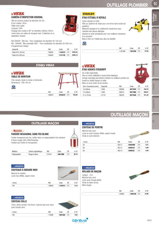 Outillage
àmain
Mesure
etcontrôle
Outillage
électroportatif
ConsommablesSoudure
1043
EquipementEPI
OUTILLAGE PLOMBIER
CAMÉRA D’INSPECTION VISIOVAL­
Tête de camera couleur de diamètre 26 mm.
Ecran couleur 18cm.
Câble semi rigide.
Longueur 30m.
Passage des coudes à 90° en diamètre intérieur 40mm.
Livrée dans une valise de transport avec 2 batteries et un
adaptateur secteur.
Ref 294020 : Tête fixe - Pour canalisation de diamètre 40-150 mm.
Ref : 294040 : Tête orientable 360° - Pour canalisation de diamètre 50-200 mm -
Enregistrement intégré.
Capacité Réf Code CR € HT
Tubes 40 à 150 mm 294030 1154272 F73 3303,22
Tubes 50 à 200 mm 294040 1151745 F73 4595,12
ETABLI VIRAX
TABLE DE MONTEUR­
Très robuste, facile à monter et démonter.
Dimensions :108 x 64 cm
Réf Code CR € HT
200910 075201V F73 182,64
ETAU D’ÉTABLI À ROTULE­
Corps robuste en fonte.
Tête sur système de rotule pour une tenue dans toutes les
positions.
Mâchoire équipée d’un revêtement caoutchouc pour
maintien des pièces délicates.
Visserie en acier phosphaté pour une meilleure résistance
à la corrosion.
Base à fixer sur l’établi pour plus de stabilité.
Réf Code CR € HT
1-83-069 1261556 F73 37,82
ETAU AGRAFE ETAUGRIFF­
Vis à filet trapézoïdal.
Étau en fonte malléable à haute limite élastique.
Arcade réversible permettant d’obtenir la meilleure position de
travail sur établi tripode ou table.
Mors en acier traité. Vé de soutien.
Dim. d’ouverture (mm) Capacité Réf Code CR € HT
10 à 60mm 10/60 200200 007783V F73 162,75
13 à 90mm 13/90 200210 007790U F73 250,01
21 à 127mm 21/127 200220 007784G F73 331,32
OUTILLAGE MAÇON
FARDIER HEXAGONAL SANS FEU BLANC­
Fardier hexagonal sans feu, boîtier blanc en polypropylène très résistant.
6 faces rouges rétro réfléchissantes.
Fixation par chaîne et mousqueton.
Matière Coloris signalétique Réf Code CR € HT
Polypropylène Rouge et blanc 510101 106126M F74 20,72
COUTEAUX À ENDUIRE INOX­
Manche bi-matière.
Lame inox effilée, aspect miroir.
l (mm) Réf Code CR € HT
140 189040 1107613 F75 9,14
COUTEAU COLLE­
18cm, dents carrées 10x10mm, manche bois brut, lame
acier trempé verni.
l (mm) Réf Code CR € HT
180 176380 1067382 F75 3,63
COUTEAU DE PEINTRE­
Manche bois verni.
Lame en acier trempé, effilée, aspect meulé.
Virole en acier laitonné.
l (mm) Réf Code CR € HT
30 4831.3 545638W F75 3,51
60 4831 6 545641D F75 3,66
80 4831 8 545643Z F75 4,48
RIFLARD DE MAÇON­
Largeur : 7cm.
Manche bois verni.
Lame acier trempé,affûté.
Virole en laiton écroui.
Mitre forgée.
Réf Code CR € HT
104800 140910U F75 14,09
OUTILLAGE MAÇON
Tereva_06_OUTILLAGE_01_Main_1016_1051.indd 1043 20/02/2017 11:46
 