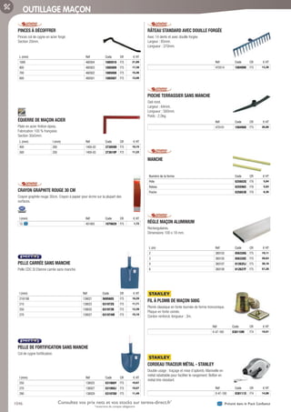 1046 Présent dans le Pack ConfianceConsultez vos prix nets et vos stocks sur tereva-direct.fr*
*ouverture de compte obligatoire
OUTILLAGE MAÇON
PINCES À DÉCOFFRER­
Pinces col de cygne en acier forgé.
Section 20mm.
L (mm) Réf Code CR € HT
1000 460504 1085010 F75 21,89
800 460503 1085009 F75 17,38
700 460502 1085008 F75 15,46
600 460501 1085007 F75 12,00
ÉQUERRE DE MAÇON ACIER­
Plate en acier finition époxy.
Fabrication 100 % française.
Section 30x5mm.
L (mm) l (mm) Réf Code CR € HT
400 200 1400-02 373859D F75 10,15
500 250 1400-03 373619P F75 11,22
CRAYON GRAPHITE ROUGE 30 CM­
Crayon graphite rouge 30cm. Crayon à papier pour écrire sur la plupart des
surfaces.
l (mm) Réf Code CR € HT
13 401005 1079829 F75 1,72
PELLE CARRÉE SANS MANCHE­
Pelle CDC St Etienne carrée sans manche.
l (mm) Réf Code CR € HT
210/180 139021 569560S F75 16,29
210 139023 031972Q F75 11,71
250 139025 031973B F75 12,39
270 139027 031974M F75 15,10
PELLE DE FORTIFICATION SANS MANCHE­
Col de cygne fortification.
l (mm) Réf Code CR € HT
250 138025 031968Y F75 10,67
270 138027 031969J F75 10,67
290 138029 031970U F75 11,49
RÂTEAU STANDARD AVEC DOUILLE FORGÉE­
Avec 14 dents et avec douille forgée.
Largeur : 85mm.
Longueur : 370mm.
Réf Code CR € HT
470314 1084990 F75 13,36
PIOCHE TERRASSIER SANS MANCHE­
Oeil rond.
Largeur : 64mm.
Longueur : 560mm.
Poids : 2,5kg.
Réf Code CR € HT
470101 1084988 F75 26,86
MANCHE­
Numéro de la forme Code CR € HT
Pelle 025602Q F76 5,84
Rateau 025596C F76 5,83
Pioche 025603B F76 6,36
RÈGLE MAÇON ALUMINIUM­
Rectangulaires.
Dimensions 100 x 18 mm.
L (m) Réf Code CR € HT
2 380103 056326G F75 19,11
3 380105 056328C F75 28,63
4 380107 012625J F75 38,18
6 380109 012627F F75 57,28
FIL À PLOMB DE MAÇON 500G­
Plomb classique en fonte tournée de forme tronconique.
Plaque en fonte usinée.
Cordon renforcé, longueur : 3m.
Réf Code CR € HT
0-47-160 038110M F74 18,01
CORDEAU TRACEUR MÉTAL - STANLEY­
Double usage : traçage et mise d’aplomb. Manivelle en
métal rabattable pour faciliter le rangement. Boîtier en
métal très résistant.
Réf Code CR € HT
0-47-100 038111X F74 14,86
Tereva_06_OUTILLAGE_01_Main_1016_1051.indd 1046 20/02/2017 11:46
 
