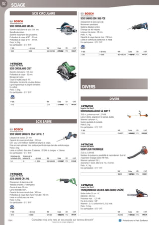 1064 Présent dans le Pack ConfianceConsultez vos prix nets et vos stocks sur tereva-direct.fr*
*ouverture de compte obligatoire
SCIAGE
SCIE CIRCULAIRE
SCIE CIRCULAIRE GKS 65­
Diamètre de la lame de scie : 190 mm.
Semelle aluminium.
Système d’aspiration des poussières.
Profondeur de coupe à 90° : 65 mm.
Profondeur de coupe à 45° : 48 mm.
Poids : 4,8 kg.
Eco-participation : 0,17 € HT
P (W) v (tr/min) Réf Code CR € HT
1600 5900 0601667000 079296I F72 342,67
SCIE CIRCULAIRE C7ST­
Diamètre de la lame : 185 mm.
Profondeur de coupe : 62 mm.
Blocage de l’arbre.
Coupe d’onglet jusqu’à 45°.
Interrupteur de sécurité, couteau diviseur.
Ligne ergonomique et poignée bimatière.
En coffret.
Poids : 7,9 kg.
Eco-participation : 0,17 € HT
P (W) Réf Code CR € HT
1710 C7ST 1219092 F73 261,93
SCIE SABRE
SCIE SABRE SANS FIL GSA 18 V-LI C­
Longueur de course : 21 mm
Capacité de coupe dans le bois : 200 mm
LED : pour une meilleure visibilité de la ligne de coupe.
Prise en main optimale : très pratique pour la découpe dans les endroits exigus.
Poids 2.5 kg
Livrée en coffret L-Boxx avec 2 batteries 18V 5Ah et chargeur + 3 lames.
Eco-participation : 0,17 € HT
Ampérage de
la batterie (Ah)
Tension de la
batterie (V) v (tr/min) Réf Code CR € HT
5,0 18 0 - 3050 06016A5000 1312587 F72 612,00
SCIE SABRE CR13V2­
Changement de lame sans clé.
Vitesses variables à l’interrupteur.
Course de lame 29 mm.
Lame réversible 180°.
Capacité de coupe dans le bois : 300 mm.
Profondeur de coupe dans l’acier non allié : 19 mm.
Livrée en coffret avec une lame.
Poids : 3,2 kg.
Eco-participation : 0,17 € HT
P (W) v (tr/min) Réf Code CR € HT
1010 0-2800 CR13V2 1098375 F73 287,95
SCIE SABRE GSA1300 PCE­
Changement de lame sans clé.
Mouvement pendulaire.
Système vibration control.
Éclairage par led intégrée.
Longueur de course : 28 mm.
Poids : 4,1 kg.
Capacité de coupe dans le bois : 230 mm.
Livrée en coffret avec lames bois et métal.
Eco-participation : 0,17 € HT
P (W) v (tr/min) Réf Code CR € HT
1300 0-2900 060164E200 1150197 F72 437,27
DIVERS
DIVERS
DÉBROUSSAILLEUSE CG 40EY T­
39,8 cc, puissance maxi 1,31 kW.
Lame 3 dents, poignée en U, harnais double.
Réservoir carburant 1L.
Guidon ajustable et pivotable.
Poids 8.3 kg
Eco-participation : 0,17 € HT
P (W) Réf Code CR € HT
1310 CG40EYT 1054503 F73 1020,80
SOUFFLEUR THERMIQUE­
23,9 cc, 0,84 kW.
Variateur de puissance, possibilité de raccordement d’un kit
d’aspiration-broyage (option RB HVA).
Réservoir carburant 0,6 L.
Autonomie 1 heure, débit d’air 10,3 m3/min.
Poids : 4,1 kg.
Eco-participation : 0,17 € HT
Réf Code CR € HT
RB24E 1097661 F73 430,81
TRONÇONNEUSE CS33EB AVEC GUIDE CHAÎNE­
Guide-chaîne 35 cm-14”.
Cylindrée : 32,3 cc.
Puissance max. : 1,25 kW.
Pas de la chaîne : 3/8”.
Réservoir : 0,4 L carburant et 0,25 L huile.
Poids : 3,8 kg.
Eco-participation : 0,17 € HT
Réf Code CR € HT
CS33EB 1164123 F73 289,38
Tereva_06_OUTILLAGE_03_Electro_1057_1066.indd 1064 20/02/2017 11:55
 