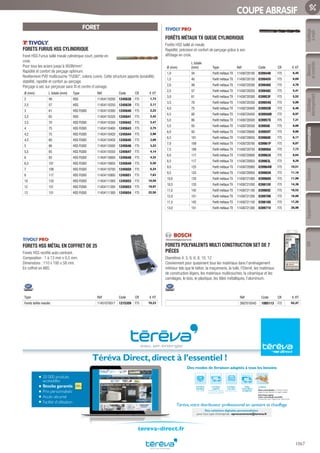 Mesure
etcontrôle
Outillage
électroportatif
ConsommablesSoudure
1067
EquipementEPIOutillage
àmain
COUPE ABRASIF
FORET
FORETS FURIUS HSS CYLINDRIQUE
Foret HSS Furius taillé meulé cylindrique court, pointe en
croix.
Pour tous les aciers jusqu’à 950N/mm2
.
Rapidité et confort de perçage optimum.
Revêtement PVD multicouche “FUSIO”, coloris cuivre. Cette structure apporte durabilité,
stabilité, rapidité et confort au perçage.
Perçage à sec sur perçeuse sans fil et centre d’usinage.
Ø (mm) L totale (mm) Type Réf Code CR € HT
2 49 HSS 11454110200 1245638 F75 1,73
2,5 57 HSS 11454110250 1245639 F75 2,17
3 61 HSS FUSIO 11454110300 1245640 F75 2,22
3,2 65 HSS 11454110320 1245641 F75 2,42
3,5 70 HSS FUSIO 11454110350 1245642 F75 2,47
4 75 HSS FUSIO 11454110400 1245643 F75 2,75
4,2 75 HSS FUSIO 11454110420 1245644 F75 2,98
4,5 80 HSS FUSIO 11454110450 1245645 F75 3,00
5 86 HSS FUSIO 11454110500 1245646 F75 3,23
5,5 93 HSS FUSIO 11454110550 1245647 F75 4,14
6 93 HSS FUSIO 11454110600 1245648 F75 4,32
6,5 101 HSS FUSIO 11454110650 1245649 F75 5,40
7 109 HSS FUSIO 11454110700 1245650 F75 6,24
8 117 HSS FUSIO 11454110800 1245651 F75 7,63
10 133 HSS FUSIO 11454111000 1245652 F75 10,58
12 151 HSS FUSIO 11454111200 1245653 F75 19,97
13 151 HSS FUSIO 11454111300 1245654 F75 22,50
FORETS HSS MÉTAL EN COFFRET DE 25
Forets HSS rectifié auto-centrant.
Composition : 1 à 13 mm x 0,5 mm.
Dimensions : 110 x 195 x 58 mm.
En coffret en ABS.
Type Réf Code CR € HT
Forets taillés meulés 11451070017 1215359 F75 70,23
FORÊTS MÉTAUX TX QUEUE CYLINDRIQUE
Forêts HSS taillé et meulé.
Rapidité, précision et confort de perçage grâce à son
affûtage en croix.
Ø (mm)
L totale
(mm) Type Réf Code CR € HT
1,0 34 Forêt métaux TX 11436720100 039944K F75 6,45
1,5 40 Forêt métaux TX 11436720150 039945V F75 6,69
2,0 49 Forêt métaux TX 11436720200 039946G F75 4,76
2,5 57 Forêt métaux TX 11436720250 039948C F75 5,41
3,0 61 Forêt métaux TX 11436720300 039953F F75 5,52
3,5 70 Forêt métaux TX 11436720350 039954Q F75 5,99
4,0 75 Forêt métaux TX 11436720400 039955B F75 6,48
4,5 80 Forêt métaux TX 11436720450 039956M F75 6,97
5,0 86 Forêt métaux TX 11436720500 039957X F75 7,31
5,5 93 Forêt métaux TX 11436720550 039958I F75 8,66
6,0 93 Forêt métaux TX 11436720600 039959T F75 9,00
6,5 101 Forêt métaux TX 11436720650 039960E F75 6,17
7,0 109 Forêt métaux TX 11436720700 039961P F75 6,87
7,5 109 Forêt métaux TX 11436720750 039806A F75 7,73
8,0 117 Forêt métaux TX 11436720800 039962A F75 8,64
8,5 117 Forêt métaux TX 11436720850 039963L F75 9,29
9,0 125 Forêt métaux TX 11436720900 039964W F75 10,51
9,5 125 Forêt métaux TX 11436720950 039965H F75 11,18
10,0 133 Forêt métaux TX 11436721000 039968O F75 11,99
10,5 133 Forêt métaux TX 11436721050 039815V F75 14,36
11,0 142 Forêt métaux TX 11436721100 039969Z F75 16,52
12,0 151 Forêt métaux TX 11436721200 039970K F75 18,88
11,5 142 Forêt métaux TX 11436721150 039816G F75 17,20
13,0 151 Forêt métaux TX 11436721300 039971V F75 20,99
FORETS POLYVALENTS MULTI CONSTRUCTION SET DE 7
PIÈCES
Diamètres 4, 5, 6, 6, 8, 10, 12
Conviennent pour quasiment tous les matériaux dans l’aménagement
intérieur tels que le béton, la maçonnerie, la tuile, l’Eternit, les matériaux
de construction légers, les matériaux multicouches, la céramique et les
carrelages, le bois, le plastique, les tôles métalliques, l’aluminium.
Réf Code CR € HT
2607010543 1085113 F75 62,47
20 000 produits
accessibles
Stocks garantis
Prix personnalisés
Accès sécurisé
Facilité d’utilisation
Téréva Direct,direct à l’essentiel !
Une heure après,
votre commande est prête
à emporter dans l’Agence de votre choix.
Livraison
à la date
de votre choix
Livraison
urgente
le lendemain dans la
journée ou avant 9h
Livraison
standard
24h à 48h
Click
and Collect
enAgence
Le Drive
Vous commandez surTéréva Direct
depuis le site internet ou l’appli mobile.
Téréva,votre distributeur professionnel en sanitaire et chauffage
Des modes de livraison adaptés à tous les besoins
Des solutions digitales personnalisées
pour tout type d’entreprise : eprocurement@tereva.fr
tereva-direct.fr
Tereva_06_OUTILLAGE_04_Consommables_1067_1103.indd 1067 20/02/2017 12:03
 