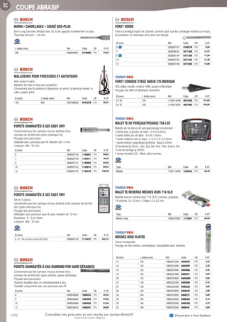1072 Présent dans le Pack ConfianceConsultez vos prix nets et vos stocks sur tereva-direct.fr*
*ouverture de compte obligatoire
COUPE ABRASIF
BURIN « CARRELAGES » COUDÉ SDS-PLUS­
Burin Long Life auto-affutant avec 30 % de capacité d’enlèvement en plus.
Tranchant de burin = 40 mm.
L totale (mm) Réf Code CR € HT
260 2608690091 531990S F75 33,50
MALAXEURS POUR PERCEUSES ET AGITATEURS­
Avec queue 6 pans.
Agitation de haut en bas sans projection.
Conviennent pour la peinture à dispersion, le vernis, la peinture murale, la
colle à papier peint.
Ø (mm) L totale (mm) Réf Code CR € HT
105 600 2607990026 070187N F75 40,57
FORETS DIAMANTÉS À SEC EASY DRY­
Conviennent pour les carreaux muraux tendres et les
carreaux de sol très durs (grès céramique fin).
Perçage sans percussion.
Utilisable avec perceuse sans fil. Mandrin de 13 mm.
Longueur utile : 33 mm.
Ø (mm) Réf Code CR € HT
6 2608587139 1120807 F75 69,62
7 2608587140 1145411 F75 76,70
8 2608587141 1120809 F75 82,92
10 2608587142 1120813 F75 92,43
12 2608587143 1145410 F75 100,28
FORETS DIAMANTÉS À SEC EASY DRY­
Set de 3 pièces.
Conviennent pour les carreaux muraux tendres et les carreaux de sol très
durs (grès céramique fin).
Perçage sans percussion.
Utilisables avec perceuse sans fil, avec mandrin de 13 mm.
Diamètres : 6 - 8 et 10mm
Longueur utile : 33 mm.
Ø (mm) Réf Code CR € HT
6 - 8 - 10n8,0n6,0-8,0-10,0 2608587145 1113537 F75 244,12
FORETS DIAMANTÉS À EAU DIAMOND FOR HARD CÉRAMICS­
Conviennent pour les carreaux muraux tendres et les
carreaux de sol très durs (grès cérame), queue cylindrique.
Perçage sans percussion.
Toujours travailler avec un refroidissement à eau.
Travailler uniquement avec une perceuse sans fil
Ø (mm) Réf Code CR € HT
6 2608550606 1084553 F75 43,24
8 2608550608 1084555 F75 47,62
10 2608550609 1084556 F75 51,85
12 2608550610 1084557 F75 56,86
FORET VERRE­
Foret à carrelage Expert for Ceramic convient pour tous les carrelages tendres à mi-durs,
la porcelaine, la céramique et le verre non trempé.
Ø (mm) Réf Code CR € HT
6 2608587161 476827N F75 8,85
7 2608596352 547136Q F75 13,37
8 2608587164 547139X F75 11,59
10 2608587165 547142E F75 13,38
12 2608587166 547150O F75 15,08
FORET CONIQUE ÉTAGÉ QUEUE CYLINDRIQUE­
HSS taillés meulés, revêtus TiAlN, goujure hélicoïdale.
Perçage des tôles et plastiques résistants.
Ø (mm) L totale (mm) Réf Code CR € HT
4 à 30 100 11438710430 492185D F75 121,03
6 à 37 100 11438710637 492186O F75 192,05
MALETTE DE PERÇAGE/VISSAGE T54 LED­
Malette de 54 pièces de perçage/vissage comprenant :
5 forêts bois 3 pointes slr diam : 3-4-5-6-8mm.
5 forêts béton pro slr diam : 4-5-6-7-8mm.
7 forêts métal tin hss slr diam : 2-2.5-3-4-5-6-8mm.
1 porte embout magnétique lg 60mm, hexa 6.35mm.
32 embouts lg 25mm : 5ph, 5pz, 6tx, 4txt, 7hex, 3carré, 2fe.
4 noix de serrage lg 50mm.
1 lampe frontale LED : 3leds, piles fournies.
Type Réf Code CR € HT
Malette 11901170045 1245632 F75 56,28
MALETTE REVERSO MÈCHES BOIS T14 SLR­
Malette reverso mèches bois, T14 SLR 3 pointes, graduées,
14 mèches 3 à 10 mm + Plates 12 à 22 mm.
Type Réf Code CR € HT
Mèche à bois 10802470001 1119301 F75 36,43
MÈCHES BOIS PLATES­
Queue hexagonale.
Perçage de bois tendre, contreplaqué, compatibles avec visseuse.
Ø (mm) L totale (mm) Réf Code CR € HT
12 152 10802521200 040584E F75 4,33
14 152 10802521400 040585P F75 4,35
16 152 10802521600 040586A F75 4,45
18 152 10802521800 040587L F75 4,93
20 152 10802522000 040588W F75 5,05
22 158 10802522200 040589H F75 5,15
24 158 10802522400 040622G F75 4,88
26 158 10802522600 040624C F75 4,98
28 164 10802522800 040627J F75 5,08
30 164 10802523000 040628U F75 5,18
32 164 10802523200 040630Q F75 5,73
35 164 10802523500 040634I F75 5,60
Tereva_06_OUTILLAGE_04_Consommables_1067_1103.indd 1072 20/02/2017 12:03
 