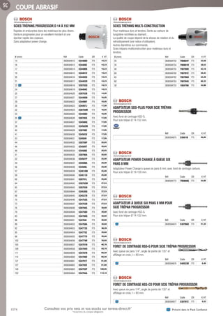 1074 Présent dans le Pack ConfianceConsultez vos prix nets et vos stocks sur tereva-direct.fr*
*ouverture de compte obligatoire
COUPE ABRASIF
SCIES TRÉPANS PROGRESSOR D 14 À 152 MM­
Rapides et endurantes dans les matériaux les plus divers.
Denture progressive pour un excellent mordant et une
éjection rapide des copeaux.
Sans adaptateur power change.
Ø (mm) Réf Code CR € HT
14 2608584612 534488O F75 14,23
16 2608584613 534489Z F75 14,23
17 2608584614 534490K F75 14,23
19 2608584615 534491V F75 14,23
20 2608584616 534492G F75 14,23
21 2608584617 534493R F75 14,23
22 2608584618 530782Q F75 14,23
24 2608584619 534494C F75 14,23
25 2608584620 530783B F75 14,95
27 2608584621 534495N F75 16,05
29 2608584622 534496Y F75 16,05
30 2608584623 534497J F75 17,90
32 2608584624 530784M F75 16,05
33 2608584625 534498U F75 16,05
35 2608584626 530785X F75 17,85
37 2608584627 534500Q F75 17,85
38 2608584628 534502M F75 17,85
40 2608584629 530788E F75 17,85
41 2608584630 534503X F75 17,85
43 2608584631 534504I F75 17,85
44 2608584632 530789P F75 20,65
46 2608584633 534505T F75 20,65
48 2608584634 534506E F75 20,65
51 2608584635 530790A F75 20,65
52 2608584636 534507P F75 25,00
54 2608584637 534508A F75 25,00
56 2608584638 534509L F75 25,00
57 2608584639 534510W F75 25,00
59 2608584640 534511H F75 25,00
60 2608584641 530791L F75 25,00
64 2608584642 530792W F75 27,53
65 2608584643 530793H F75 27,53
67 2608584644 534526Q F75 27,53
68 2608584645 534527B F75 27,53
70 2608584646 534752G F75 27,53
73 2608584647 534753R F75 27,53
76 2608584648 530794S F75 30,60
79 2608584649 534758U F75 30,60
83 2608584650 534760Q F75 30,60
86 2608584651 534764I F75 30,60
89 2608584652 534768A F75 30,60
92 2608584653 534772S F75 36,28
95 2608584654 534775Z F75 39,68
98 2608584655 534777V F75 39,68
102 2608584656 534779R F75 39,68
105 2608584657 534781N F75 48,78
108 2608584658 534784U F75 50,78
111 2608584659 534787B F75 66,50
114 2608584660 534789X F75 66,50
121 2608584661 534791T F75 81,80
127 2608584662 534792E F75 81,80
140 2608584663 534793P F75 100,95
152 2608584664 534794A F75 114,10
SCIES TRÉPANS MULTI-CONSTRUCTION­
Pour matériaux durs et tendres. Dents au carbure de
tungstène rectifiées au diamant. .
La qualité de coupe dépend de la vitesse de rotation et du
refroidissement (voir notice d’utilisation).
Autres diamètres sur commande.
Scies trépans multiconstruction pour matériaux durs et
tendres.
Ø (mm) Réf Code CR € HT
25 2608584752 790804Y F75 32,58
35 2608584754 790801R F75 38,53
40 2608584755 790799V F75 42,18
60 2608584760 790797Z F75 58,43
65 2608584762 790796O F75 64,28
68 2608584763 790794S F75 68,33
30 2608584753 1084766 F75 34,90
ADAPTATEUR SDS-PLUS POUR SCIE TRÉPAN
PROGRESSOR­
Avec foret de centrage HSS-G.
Pour scie trépan Ø 14-152 mm.
Réf Code CR € HT
2608584675 536610I F75 36,85
ADAPTATEUR POWER CHANGE À QUEUE SIX
PANS 8 MM­
Adaptateur Power Change à queue six pans 8 mm, avec foret de centrage carbure.
Pour scie trépan Ø 19-159 mm.
Réf Code CR € HT
2608584772 790808Q F75 34,95
ADAPTATEUR À QUEUE SIX PANS 8 MM POUR
SCIE TRÉPAN PROGRESSOR­
Avec foret de centrage HSS-G.
Pour scie trépan Ø 14-152 mm.
Réf Code CR € HT
2608584674 530796O F75 31,33
FORET DE CENTRAGE HSS-G POUR SCIE TRÉPAN PROGRESSOR­
Avec queue six pans 1/4”, angle de pointe de 135° et
affûtage en croix, l = 80 mm.
Réf Code CR € HT
2608584676 540533B F75 6,40
FORET DE CENTRAGE HSS-CO POUR SCIE TRÉPAN PROGRESSOR­
Avec queue six pans 1/4”, angle de pointe de 135° et
affûtage en croix, l = 80 mm.
Réf Code CR € HT
2608584677 530797Z F75 9,33
Tereva_06_OUTILLAGE_04_Consommables_1067_1103.indd 1074 20/02/2017 12:03
 