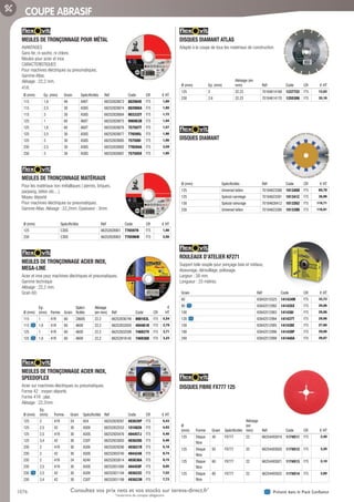 1076 Présent dans le Pack ConfianceConsultez vos prix nets et vos stocks sur tereva-direct.fr*
*ouverture de compte obligatoire
COUPE ABRASIF
MEULES DE TRONÇONNAGE POUR MÉTAL­
AVANTAGES
Sans fer, ni soufre, ni chlore.
Meules pour acier et inox.
CARACTERISTIQUES
Pour machines électriques ou pneumatiques.
Gamme Atlas.
Alésage : 22,2 mm.
41R.
Ø (mm) Ep. (mm) Grain Spécificités Réf Code CR € HT
115 1,6 46 A46T 66252828873 882984E F75 1,80
115 2,5 30 A30S 66252828874 882986A F75 1,80
115 3 30 A30S 66252828884 903332Y F75 1,72
125 1 60 A60T 66252828875 996963B F75 1,94
125 1,6 60 A60T 66252828876 757507T F75 1,57
125 2,5 30 A30S 66252828877 776595L F75 1,90
125 3 30 A30S 66252828885 757506I F75 1,90
230 2,5 30 A30S 66252828882 776594A F75 3,59
230 3 30 A30S 66252828887 757505X F75 1,85
MEULES DE TRONÇONNAGE MATÉRIAUX­
Pour les matériaux non métalliques ( pierres, briques,
parpaing, béton etc... ).
Moyeu déporté
Pour machines électriques ou pneumatiques.
Gamme Atlas. Alésage : 22,2mm. Epaisseur : 3mm.
Ø (mm) Spécificités Réf Code CR € HT
125 C30S 66252828901 776597H F75 1,90
230 C30S 66252828903 776596W F75 3,56
MEULES DE TRONÇONNAGE ACIER INOX,
MEGA-LINE­
Acier et inox pour machines électriques et pneumatiques.
Gamme technique
Alésage : 22,2 mm.
Grain 60.
Ø (mm)
Ep.
(mm) Forme Grain
Spéci-
ficités
Alésage
(en mm) Réf Code CR
€
HT
115 1 41R 60 ZA60S 22.2 66252836749 890163L F75 5,54
115 1,6 41R 60 A60V 22.2 66252832920 494461B F75 3,79
125 1 41R 60 A60V 22.2 66252832599 746937V F75 3,71
125 1,6 41R 60 A60V 22,2 66252919145 746936K F75 3,23
MEULES DE TRONÇONNAGE ACIER INOX,
SPEEDOFLEX­
Acier sur machines électriques ou pneumatiques.
Forme 42 : moyen déporté.
Forme 41R : plat.
Alésage : 22,2mm.
Ø (mm)
Ep.
(mm) Forme Grain Spécificités Réf Code CR € HT
125 2 41R 24 A24 66252829287 493635P F75 5,43
125 2,5 42 30 A30V 66252832553 1010826 F75 4,93
125 2,5 41R 30 A30S 66252920476 494457J F75 5,40
125 3,4 42 30 C30T 66252833003 493620G F75 5,40
230 2 41R 30 A30V 66252829290 493621R F75 5,18
230 2 42 30 A30S 66252950740 494424K F75 8,74
230 2 41R 24 A24V 66252832614 493636A F75 9,15
230 2,5 41R 30 A30S 66252831080 494459F F75 9,05
230 2,5 42 30 A30V 66252831194 493622C F75 7,52
230 3,4 42 30 C30T 66252831199 493623N F75 7,73
DISQUES DIAMANT ATLAS­
Adapté à la coupe de tous les matériaux de construction.
Ø (mm) Ep. (mm)
Alésage (en
mm) Réf Code CR € HT
125 2 22.23 70184614168 1237722 F75 12,02
230 2.6 22.23 70184614170 1255306 F75 35,16
DISQUES DIAMANT­
Ø (mm) Spécificités Réf Code CR € HT
125 Universel béton 70184623388 191340O F75 60,78
125 Spécial carrelage 70184623391 191341Z F75 38,96
150 Spécial rainurage 70184626412 1013262 F75 118,71
230 Universel béton 70184623389 191339D F75 116,91
ROULEAUX D’ATELIER KF271­
Support toile souple pour ponçage bois et métaux,
ébavurage, dérouillage, polissage.
Largeur : 38 mm.
Longueur : 25 mètres.
Grain Réf Code CR € HT
60 63642515525 141434M F75 32,73
80 63642512992 141435X F75 29,06
100 63642512993 141436I F75 29,06
120 63642512994 141437T F75 29,06
150 63642512995 141438E F75 27,68
180 63642512996 141439P F75 29,06
240 63642512998 141440A F75 29,07
DISQUES FIBRE FX777 125­
Ø
(mm) Forme Grain Spécificités
Alésage
(en
mm) Réf Code CR € HT
125 Disque
fibre
36 FX777 22 66254493919 1174511 F75 2,40
125 Disque
fibre
50 FX777 22 66254493920 1174512 F75 2,20
125 Disque
fibre
60 FX777 22 66254493921 1174513 F75 2,10
125 Disque
fibre
80 FX777 22 66254493922 1174514 F75 2,00
Tereva_06_OUTILLAGE_04_Consommables_1067_1103.indd 1076 20/02/2017 12:03
 