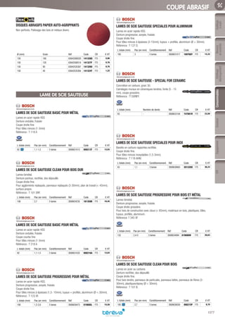 Mesure
etcontrôle
Outillage
électroportatif
ConsommablesSoudure
1077
EquipementEPIOutillage
àmain
COUPE ABRASIF
DISQUES ABRASIFS PAPIER AUTO-AGRIPPANTS­
Non perforés. Polissage des bois et métaux divers.
Ø (mm) Grain Réf Code CR € HT
150 180 63642588520 141328Q F75 0,96
150 120 63642588518 141327F F75 0,76
150 80 63642535367 141326U F75 0,76
150 40 63642535364 141324Y F75 1,22
LAME DE SCIE SAUTEUSE
LAMES DE SCIE SAUTEUSE BASIC POUR MÉTAL­
Lames en acier rapide HSS
Denture ondulée, fraisée
Coupe droite fine
Pour tôles minces (1-3mm)
Référence : T 118 A
L totale (mm) Pas (en mm) Conditionnement Réf Code CR € HT
92 1,1-1,5 5 lames 2608631013 008213T F75 12,83
LAMES DE SCIE SAUTEUSE CLEAN POUR BOIS DUR­
Lames bimétal.
Denture pointue, rectifiée, dos dépouillé.
Coupe droite fine.
Pour agglomérés replaqués, panneaux replaqués (3-30mm), plan de travail ( 45mm),
surface propre.
Référence : T 101 DRF.
L totale (mm) Pas (en mm) Conditionnement Réf Code CR € HT
100 2,7 5 lames 2608634235 181358K F75 16,45
LAMES DE SCIE SAUTEUSE BASIC POUR MÉTAL­
Lames en acier rapide HSS
Denture ondulée, fraisée
Coupe courbe fine
Pour tôles minces (1-3mm)
Référence : T 218 A
L totale (mm) Pas (en mm) Conditionnement Réf Code CR € HT
92 1,1-1,5 5 lames 2608631032 008216A F75 12,83
LAMES DE SCIE SAUTEUSE PROGRESSIVE POUR MÉTAL­
Lames en acier rapide HSS.
Denture progressive, avoyée, fraisée.
Coupe droite fine.
Pour tôles minces à épaisses (1,5- 10mm), tuyaux + profilés, aluminium (Ø  30mm).
Référence : T 123 XF.
L totale (mm) Pas (en mm) Conditionnement Réf Code CR € HT
100 1,2-2,6 5 lames 2608638473 019085L F75 15,58
LAMES DE SCIE SAUTEUSE SPECIALES POUR ALUMINIUM­
Lames en acier rapide HSS.
Denture progressive, avoyée, fraisée.
Coupe droite fine.
Pour tôles minces à épaisses (3-15mm), tuyaux + profilés, aluminium (Ø  30mm).
Référence : T 127 D.
L totale (mm) Pas (en mm) Conditionnement Réf Code CR € HT
100 3 5 lames 2608631017 169768Y F75 12,33
LAMES DE SCIE SAUTEUSE - SPECIAL FOR CERAMIC­
Concrétion en carbure, grain 30.
Carrelages muraux en céramiques tendres, fonte (5 - 15
mm), coupe grossière.
Référence : T130RIFF.
L totale (mm) Nombre de dents Réf Code CR € HT
83 - 2608633104 747901R F75 23,50
LAMES DE SCIE SAUTEUSE SPECIALES POUR INOX­
Barette en carbure rapportée,rectifiée.
Coupe droite fine.
Pour tôles minces inoxydables (1,5-3mm).
Référence : T 118 AHM.
L totale (mm) Pas (en mm) Conditionnement Réf Code CR € HT
83 1,1 3 lames 2608630663 201220O F75 36,23
LAMES DE SCIE SAUTEUSE PROGRESSIVE POUR BOIS ET MÉTAL­
Lames bimétal.
Denture progressive, avoyée, fraisée.
Coupe droite grossière.
Pour bois de construction avec clous ( 65mm), matériaux en bois, plastiques, tôles,
tuyaux, profilés, aluminium.
Référence: T 345 XF
L totale (mm) Pas (en mm) Conditionnement Réf Code CR € HT
132 2,4-5 5 lames 2608634994 019086W F75 29,63
LAMES DE SCIE SAUTEUSE CLEAN POUR BOIS­
Lames en acier au carbone.
Denture rectifiée, dos dépouillé.
Coupe droite fine.
Pour bois tendre, panneaux de particules, panneaux lattés, panneaux de fibres (3-
30mm), plastiques/époxy (Ø  30mm).
Référence : T 101 B.
L totale (mm) Pas (en mm) Conditionnement Réf Code CR € HT
100 2,7 5 lames 2608630030 008215P F75 8,70
Tereva_06_OUTILLAGE_04_Consommables_1067_1103.indd 1077 20/02/2017 12:03
 