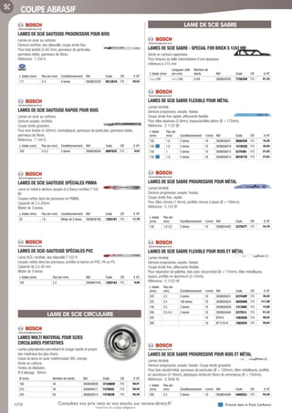1078 Présent dans le Pack ConfianceConsultez vos prix nets et vos stocks sur tereva-direct.fr*
*ouverture de compte obligatoire
COUPE ABRASIF
LAMES DE SCIE SAUTEUSE PROGRESSIVE POUR BOIS­
Lames en acier au carbone.
Denture rectifiée, dos dépouillé, coupe droite fine.
Pour bois tendre (3-65 mm), panneaux de particules,
panneaux lattés, panneaux de fibres.
Référence : T 234 X.
L totale (mm) Pas (en mm) Conditionnement Réf Code CR € HT
117 2-3 5 lames 2608633528 051301H F75 20,03
LAMES DE SCIE SAUTEUSE RAPIDE POUR BOIS­
Lames en acier au carbone.
Denture avoyée, rectifiée.
Coupe droite grossière.
Pour bois tendre (5-50mm), contreplaqué, panneaux de particules, panneaux lattés,
panneaux de fibres.
Référence : T 144 D.
L totale (mm) Pas (en mm) Conditionnement Réf Code CR € HT
100 5-5,2 5 lames 2608630040 009783Z F75 8,63
LAMES DE SCIE SAUTEUSE SPÉCIALES PMMA­
Lame bi-métal à denture avoyée et à flancs rectifiés T 102
BF.
Coupes nettes dans les panneaux en PMMA.
Capacité de 2 à 20mm.
Blister de 3 lames.
L totale (mm) Pas (en mm) Conditionnement Réf Code CR € HT
92 1,8 Blister de 3 lames 2608636780 1202181 F75 11,70
LAMES DE SCIE-SAUTEUSE SPÉCIALES PVC­
Lame HCS, rectifiée, dos dépouillé T 102 H.
Coupes nettes dans les panneaux, profilés et barres en PVC, PA ou PS.
Capacité de 3 à 30 mm.
Blister de 3 lames
L totale (mm) Pas (en mm) Réf Code CR € HT
100 2,3 2608667445 1202183 F75 8,88
LAME DE SCIE CIRCULAIRE
LAMES MULTI MATERIAL POUR SCIES
CIRCULAIRES PORTATIVES­
Lames polyvalentes permettant le sciage rapide et propre
des matériaux les plus divers.
Corps de lame en acier indéformable SK5, trempé.
Dents en carbure.
Fentes de dilatation.
Ø d’alésage : 30mm.
Ø (mm) Nombre de dents Réf Code CR € HT
190 54 2608640509 373466W F75 68,91
210 54 2608640511 747902C F75 68,93
230 64 2608640513 747903N F75 85,45
LAME DE SCIE SABRE
LAMES DE SCIE SABRE - SPECIAL FOR BRICK S 1243 HM­
Dents en carbure rapportées
Pour briques de taille intermédiaire d’une épaisseur
inférieure à 215 mm
L totale (mm)
Longueur utile
(en mm)
Nombre de
dents Réf Code CR € HT
100 100 4,3/6 2608650355 775635H F75 67,35
LAMES DE SCIE SABRE FLEXIBLE POUR MÉTAL­
Lames bimétal.
Denture progressive, avoyée, fraisée.
Coupe droite fine rapide, affleurante flexible.
Pour tôles épaisses (3-8mm), tuyaux/profilés pleins (Ø  175mm).
Référence : S 1122 BF.
L totale
(mm)
Pas (en
mm) Conditionnement l (mm) Réf Code CR € HT
150 1,8 2 lames 19 2608656041 068625R F75 16,45
150 1,8 5 lames 19 2608656019 151052Q F75 35,05
150 1 5 lames 19 2608656013 537546I F75 27,03
150 1,8 5 lames 19 2608656014 007977X F75 27,03
LAMES DE SCIE SABRE PROGRESSIVE POUR MÉTAL­
Lames bimétal.
Denture progressive, avoyée, fraisée.
Coupe droite fine, rapide.
Pour tôles minces (1-8mm), profilés minces à épais (Ø  100mm).
Référence : S 123 XF.
L totale
(mm)
Pas (en
mm) Conditionnement l (mm) Réf Code CR € HT
150 1,8-3,2 5 lames 19 2608654402 537547T F75 34,78
LAMES DE SCIE SABRE FLEXIBLE POUR BOIS ET MÉTAL­
Lames bimétal.
Denture progressive, avoyée, fraisée.
Coupe droite fine, affleurante flexible.
Pour réparation de palettes, bois avec clous/métal (Ø  175mm), tôles métalliques,
tuyaux, profilés en aluminium (3-12mm).
Référence : S 1122 HF.
L totale
(mm)
Pas (en
mm) Conditionnement l (mm) Réf Code CR € HT
225 2,5 5 lames 19 2608656021 537549P F75 35,05
225 2,5 100 lames 19 2608656034 482566O F75 411,98
150 2,5 2 lames 19 2608656039 141296C F75 12,68
200 2,5-4,3 5 lames 19 2608654404 537551L F75 51,43
225 19 BT910 1082926 F74 48,55
300 19 BT121014 1082925 F74 59,84
LAMES DE SCIE SABRE PROGRESSIVE POUR BOIS ET MÉTAL­
Lames bimétal.
Denture progressive, avoyée, fraisée. Coupe droite grossière.
Pour bois clouté/métal, panneaux de particules (Ø  150mm), tôles métalliques, profilés
en aluminium (3-18mm), plastiques renforcés fibres de verre/époxy (Ø  150mm).
Référence : S 3456 XF.
L totale
(mm)
Pas (en
mm) Conditionnement l (mm) Réf Code CR € HT
200 4,3 5 lames 19 2608654406 540555J F75 54,20
Tereva_06_OUTILLAGE_04_Consommables_1067_1103.indd 1078 20/02/2017 12:04
 