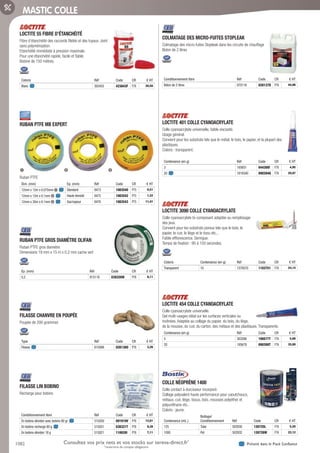 1082 Présent dans le Pack ConfianceConsultez vos prix nets et vos stocks sur tereva-direct.fr*
*ouverture de compte obligatoire
MASTIC COLLE
LOCTITE 55 FIBRE D’ÉTANCHÉITÉ­
Fibre d’étanchéité des raccords filetés et des tuyaux. Joint
sans polymérisation.
Etanchéité immédiate à pression maximale.
Pour une étanchéité rapide, facile et fiable.
Bobine de 150 mètres.
Coloris Réf Code CR € HT
Blanc 303455 423843F F76 20,50
RUBAN PTFE MB EXPERT­
Ruban PTFE
Dim. (mm) Ep. (mm) Réf Code CR € HT
12mm x 12m x 0.075mm 1 Standard 8473 1083540 P75 0,51
12mm x 12m x 0.1mm 2 Haute densité 8475 1083542 P75 1,22
12mm x 30m x 0.1mm 3 Gaz/vapeur 8476 1083543 P75 11,41
RUBAN PTFE GROS DIAMÈTRE OLIFAN­
Ruban PTFE gros diamètre
Dimensions 19 mm x 15 m x 0,2 mm cache vert
Ep. (mm) Réf Code CR € HT
0,2 815119 038326W P76 8,11
FILASSE CHANVRE EN POUPÉE­
Poupée de 200 grammes
Type Réf Code CR € HT
Filasse 815099 028138O P76 3,26
FILASSE LIN BOBINO­
Recharge pour bobino
Conditionnement libre Réf Code CR € HT
En bobino dévidoir avec bobine 80 gr 515030 091919V P76 12,61
En bobino recharge 80 g 515031 038321T P76 9,38
En bobino dévidoir 18 g 515021 110028I P76 7,11
COLMATAGE DES MICRO-FUITES STOPLEAK­
Colmatage des micro-fuites Stopleak dans les circuits de chauffage
Bidon de 2 litres
Conditionnement libre Réf Code CR € HT
Bidon de 2 litres 870118 028137D P76 44,96
LOCTITE 401 COLLE CYANOACRYLATE­
Colle cyanoacrylate universelle, faible viscosité.
Usage général.
Convient pour les substrats tels que le métal, le bois, le papier, et la plupart des
plastiques.
Coloris : transparent.
Contenance (en g) Réf Code CR € HT
3 195651 044300I F76 4,95
20 1919340 090394Q F76 29,97
LOCTITE 3090 COLLE CYANOACRYLATE­
Colle cyanoacrylate bi-composant adaptée au remplissage
des jeux.
Convient pour les substrats poreux tels que le bois, le
papier, le cuir, le liège et le tissu etc...
Faible efflorescence. Seringue.
Temps de fixation : 90 à 150 secondes.
Coloris Contenance (en g) Réf Code CR € HT
Transparent 10 1379570 1103751 F76 24,14
LOCTITE 454 COLLE CYANOACRYLATE­
Colle cyanoacrylate universelle.
Gel multi-usages idéal sur les surfaces verticales ou
inclinées. Adaptée au collage du papier, du bois, du liège,
de la mousse, du cuir, du carton, des métaux et des plastiques. Transparente.
Contenance (en g) Réf Code CR € HT
5 303266 190577T F76 5,88
20 195678 090399T F76 35,89
COLLE NÉOPRÈNE 1400­
Colle contact à durcisseur incorporé.
Collage polyvalent haute performance pour caoutchoucs,
métaux, cuir, liège, tissus, bois, mousses polyéther et
polyuréthane etc..
Coloris : jaune.
Contenance (mL.)
Boitage/
Conditionnement Réf Code CR € HT
125 Tube 502930 126725L F76 5,20
1000 Pot 502932 126726W F76 22,12
1 2 3
Tereva_06_OUTILLAGE_04_Consommables_1067_1103.indd 1082 20/02/2017 12:04
 