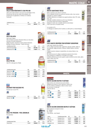 Mesure
etcontrôle
Outillage
électroportatif
ConsommablesSoudure
1083
EquipementEPIOutillage
àmain
MASTIC COLLE
COLLE À BOIS RÉSISTANTE À L’EAU PRO 30D­
Colle à prise rapide résistant à l’eau pour tout assemblage en bois.
Convient pour des bois durs (chêne, bois exotiques, etc.).
Convient pour les applications à l’intérieur et à l’extérieur.
Translucide.
Contenance (en g) Réf Code CR € HT
750 108769 903761L F76 8,26
COLLE COLLAFEU­
Colle mastic Collafeu.
Colle de fixation de produits réfractaires fibreux sur des pièces
soumises à de fortes températures.
Collage de gaines, manchons et autres produits réfractaires.
Montage de briques réfractaires - Fixation de tresses.
Conditionnement libre Réf Code CR € HT
Tube de 50 ml sous blister 125230 007150A P76 10,11
Cartouche de 310 ml 125252 110031P P76 16,23
COLLE PVC GEL­
Colle PVC multiusage Eau Potable.
Conditionnement libre Réf Code CR € HT
Tube de 125 ml 2283 1083537 P75 3,50
Pot 250 ml + pinceau 2282 1083610 P75 6,50
Pot 500 ml + pinceau 2269 1103714 P75 11,27
Pot 1 litre + pinceau 2268 1083538 P75 16,72
DÉCAPANT POUR RACCORD PVC­
Décapant pour raccord PVC
Conditionnement libre Réf Code CR € HT
Bidon de 1 litre 124 1083539 P75 10,62
COLLE PVC PRESSION - POOL GEBSOBLUE­
Pool gebsoblue
Conditionnement libre Réf Code CR € HT
Pot de 250 ml 504501 748618A P76 13,39
MASTIC CAOUTCHOUC TOFLEX­
Mastic caoutchouc pour joints en couverture
Pour la réalisation de joints de souches de cheminée, solins, rives, lucarnes
Applicable sur surfaces mouillées.
Excellente adhérence sur la plupart des supports (ardoises, béton, PVC, tuiles,
verre, zinc)
Inaltérable, excellente résistance aux UV et aux intempéries
Les surfaces doivent être propres et dégraissées.
Appliquer le mastic avec un pistolet manuel ou pneumatique.
Lisser le joint avec une spatule humide.
Les conseils du Pro :
Le nettoyage du matériel se fait à l’acétone, au white-spirit ou à l’alcool éthylique.
Conditionnement libre Réf Code CR € HT
Cartouche de 310 ml 807250 090069D P76 16,26
COLLE-MASTIC NÉOPRÈNE POUR BÂTIMENT GEBSOPRENE­
Colle-mastic néoprène pour bâtiment
Pour le collage de panneaux (bois, agglomérés, placages stratifiés, dalles de
faux-plafonds), collage de lambris, moulures, frisettes, plinthes, corniches,
profilés
Collage de poutres rustiques en polyuréthane, de carreaux (faîence, inox,
plastique)
Ne convient pas pour le collage du polystyrène expansé et des miroirs.
Haute résistance au cisaillement, à l’humidité et à la chaleur.
Excellente adhérence sur tous les supports usuels du bâtiment (ciment, béton, plâtre,
brique, métaux, bois, PVC)
Conditionnement libre Réf Code CR € HT
Cartouche de 310 ml 809452 110016G P76 16,38
MASTIC
MASTIC SILICONE NEUTRE ET ACÉTIQUE­
Mastic silicone anti-moisissures pour joint sanitaire
Utilisable sans primaire sur verre, aluminium, émail et inox.
Pour les matériaux synthétiques, utiliser la version neutre.
Ne noircit pas, ne moisit pas.
Cartouche 300 ml.
Coloris Type Réf Code CR € HT
Blanc Acétique 120687 1084189 F76 3,51
Transparent Acétique 120686 1084190 F76 3,54
Blanc Neutre 120689 1084191 F76 3,83
Transparent Neutre 120688 1084192 F76 3,85
MASTIC SILICONE GEBSICONE NEUTRE ET ACÉTIQUE­
Mastic Gebsicone transparent et blanc
W - Acétique
W2 - Neutre
100% silicone - avec fongicid
Coloris Conditionnement libre Réf Code CR € HT
Blanc - W Cartouche 310 ml 893150 1175236 P74 5,38
Transparent - W Cartouche 310 ml 893251 092092A P74 5,33
Blanc - W2 Cartouche 310 ml 890501 1175238 P74 8,08
Transparent - W2 Cartouche 310 ml 890502 1175237 P74 8,08
Tereva_06_OUTILLAGE_04_Consommables_1067_1103.indd 1083 20/02/2017 12:04
 