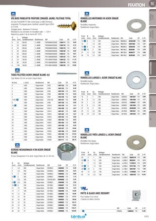 Mesure
etcontrôle
Outillage
électroportatif
ConsommablesSoudure
1093
EquipementEPIOutillage
àmain
FIXATION
VIS BOIS PANELVIT® PENTURE ZINGUÉE JAUNE, FILETAGE TOTAL­
Vis bois Panelvit® FC tête ronde large à collet (Penture),
empreinte TX,zinguée jaune, lubrifiée Lubex® (type 029/A
et 312/A)
Zingage jaune : épaisseur 8 microns
Résistance à la corrosion en brouillard salin :  120 h
Répond au grade 3 de la norme NF 1670.
Ø
(mm)
L
(mm)
Boitage/
Conditionnement Revêtement Réf Code CR € HT
6 25 200,00 Z. JAUNE PV029A600250G8C 1394117 F33 6,09
6 30 200,00 Z. JAUNE PV029A600300G8C 1394118 F33 6,15
6 35 200,00 Z. JAUNE PV029A600350G8C 1394119 F33 6,51
6 40 200,00 Z. JAUNE PV029A600400G8C 1394120 F33 6,84
6 50 200,00 Z. JAUNE PV029A600500G8C 1394121 F33 8,01
6 60 100,00 Z. JAUNE PV312A600600G8C 1394122 F33 9,57
6 70 100,00 Z. JAUNE PV312A600700G8C 1394123 F33 11,10
6 80 100,00 Z. JAUNE PV312A600800G8C 1394124 F33 12,54
6 100 100,00 Z. JAUNE PV312A601000G8C 1394125 F33 15,66
TIGES FILETÉES ACIER ZINGUÉ BLANC 4,8­
Tige filetée 4.8 mm en acier zingué blanc.
Ø (mm) L (mm) Revêtement Réf Code CR € HT
3 1000 Zingué blanc 9763 1401152 F33 0,39
4 1000 Zingué blanc 9764 1401153 F33 0,39
5 1000 Zingué blanc 9765 1401154 F33 0,51
6 1000 Zingué blanc 9766 1401155 F33 0,54
7 1000 Zingué blanc 9767 1401156 F33 0,84
7/150 1000 Zingué blanc 9767150 1401157 F33 0,96
8 1000 Zingué blanc 9768 1401158 F33 0,90
10 1000 Zingué blanc 97610 1401159 F33 1,41
12 1000 Zingué blanc 97612 1401160 F33 2,07
14 1000 Zingué blanc 97614 1401161 F33 2,85
16 1000 Zingué blanc 97616 1401162 F33 3,81
18 1000 Zingué blanc 97618 1401163 F33 4,68
20 1000 Zingué blanc 97620 1401164 F33 6,03
22 1000 Zingué blanc 97622 1401165 F33 9,09
24 1000 Zingué blanc 97624 1401166 F33 9,30
27 1000 Zingué blanc 97627 1401167 F33 15,06
30 1000 Zingué blanc 97630 1401168 F33 22,05
33 1000 Zingué blanc 97633 1401169 F33 57,93
36 1000 Zingué blanc 97636. 1401170 F33 31,38
39 1000 Zingué blanc 97639 1401171 F33 80,10
ECROUS HEXAGONAUX H EN ACIER ZINGUÉ
BLANC­
Ecrous hexagonaux H en acier zingué blanc de 3 à 30 mm.
Ø
(mm)
Ep.
(mm)
Boitage/
Conditionnement Revêtement Réf Code CR € HT
3 2,4 500 Zingué blanc ED03BLC 1400492 F33 0,39
4 3,2 200 Zingué blanc ED04BLC 1400493 F33 0,54
5 4 200 Zingué blanc ED05BLC 1400494 F33 0,69
6 5 200 Zingué blanc ED06BLC 1400495 F33 1,14
7 5,5 200 Zingué blanc ED07BLC001 040006Q F33 5,76
8 6,5 200 Zingué blanc ED08BLC 1400496 F33 2,40
10 8 200 Zingué blanc ED10BLC 1400497 F33 5,13
12 10 100 Zingué blanc ED12BLC 1400498 F33 7,53
14 11 100 Zingué blanc ED14BLC 1400499 F33 12,06
16 13 50 Zingué blanc ED16BLC 1400500 F33 16,86
18 15 50 Zingué blanc ED18BLC 1400501 F33 31,47
20 16 40 Zingué blanc ED20BLC 1400502 F33 36,90
22 18 20 Zingué blanc ED22BLC 1400503 F33 64,14
24 19 20 Zingué blanc ED24BLC 1400504 F33 74,85
27 22 15 Zingué blanc ED27BLC 1400505 F33 132,21
30 24 15 Zingué blanc ED30BLC 1400506 F33 162,66
RONDELLES MOYENNES M ACIER ZINGUÉ
BLANC­
Rondelles moyennes.
Revêtement zingué blanc.
Ø ext.
(mm)
Ø
(mm)
Ep.
(mm)
Boitage/
Conditionnement Revêtement Réf Code CR € HT
14 6 1,2 500 Zingué blanc MN06BLC 003634M F76 0,66
16 7 1,5 200 Zingué blanc MN07BLC 048740U F76 1,41
18 8 1,5 200 Zingué blanc MN08BLC 003635X F76 1,35
22 10 2 200 Zingué blanc MN10BLC 003636I F76 2,76
27 12 2,5 200 Zingué blanc MN12BLC 003637T F76 4,98
30 14 2,5 200 Zingué blanc MN14BLC 003638E F76 6,12
RONDELLES LARGES L ACIER ZINGUÉ BLANC­
Rondelles larges.
Revêtement zingué blanc.
Ø ext.
(mm)
Ø
(mm)
Ep.
(mm)
Boitage/
Conditionnement Revêtement Réf Code CR € HT
16 5 1 500 Zingué blanc LN05BLC 1061927 F43 0,96
18 6 1,2 200 Zingué blanc LN06BLC 1061928 F43 1,17
20 7 1,5 200 Zingué blanc LN07BLC 1400467 F33 2,25
22 8 1,5 200 Zingué blanc LN08BLC 1061930 F43 2,25
27 10 2 200 Zingué blanc LN10BLC 003645D F43 4,29
32 12 2,5 200 Zingué blanc LN12BLC 1061931 F43 7,29
36 14 2,5 100 Zingué blanc LN14BLC 1061932 F43 9,42
RONDELLES TRÈS LARGES LL ACIER ZINGUÉ
BLANC­
Rondelles très larges.
Revêtement zingué blanc.
Ø ext.
(mm)
Ø
(mm)
Ep.
(mm)
Boitage/
Conditionnement Revêtement Réf Code CR € HT
20 5 1 200 Zingué blanc LL05BLC 060931N F76 1,62
24 6 1,2 200 Zingué blanc LL06BLC 065542I F76 2,13
27 7 1,5 200 Zingué blanc LL07BLC 137601V F76 3,78
30 8 1,5 200 Zingué blanc LL08BLC 075170S F76 3,99
36 10 2 100 Zingué blanc LL10BLC 026745F F33 7,20
40 12 2,5 100 Zingué blanc LL12BLC 137602G F76 11,91
45 14 2,5 100 Zingué blanc LL14BLC 1065728 F33 15,03
PATTE À GLACE AVEC RESSORT­
Pour fixation d’un miroir
4 pièces en laiton chromé
Réf Code CR € HT
PAGRS4 1406552 F43 13,05
Tereva_06_OUTILLAGE_04_Consommables_1067_1103.indd 1093 20/02/2017 12:04
 