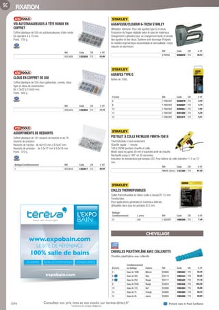 1094 Présent dans le Pack ConfianceConsultez vos prix nets et vos stocks sur tereva-direct.fr*
*ouverture de compte obligatoire
FIXATION
VIS AUTOTARAUDEUSES À TÊTE RONDE EN
COFFRET­
Coffret plastique de 550 vis autotaraudeuses à tête ronde.
De diamètre 4 à 10 mm.
Poids : 720 g.
Réf Code CR € HT
970.0420 1253939 F75 33,56
CLOUS EN COFFRET DE 550­
Coffret plastique de 550 clous galvanisés, cuivrés, clous
tiges et clous de construction.
De 1.3x22 à 2.5x50 mm.
Poids : 400 g.
Réf Code CR € HT
970.0370 1253934 F73 17,72
ASSORTIMENTS DE RESSORTS­
Coffret plastique de 124 ressorts de traction et de 76
ressorts de pression.
Ressorts de traction : de 4x79.5 mm à 8.5x47 mm.
Ressorts de pression : de 5.5x17 mm à 9.5x19 mm.
Poids : 370 g.
Boitage/Conditionnement Réf Code CR € HT
1 970.0010 1253917 F73 20,04
AGRAFEUSE/CLOUEUR 6-TR250 STANLEY­
Utilisation intensive. Pour des agrafes type G et clous.
Puissance de frappe réglable selon le type de matériaux.
Chargement à glissière pour un chargement facile et simple
des agrafes et des clous. Système anti-bourrage. Poignée
bi-matière ergonomique escamotable et verrouillable. Corps
robuste en aluminium.
Réf Code CR € HT
6-TR250 929093V F74 48,53
AGRAFES TYPE G­
Boîtes de 1000.
H (mm) Réf Code CR € HT
6 1-TRA704T 929097N F75 3,49
8 1-TRA705T 929098Y F75 3,74
10 1-TRA706T 929099J F75 3,95
12 1-TRA708T 929100U F75 4,20
14 1-TRA709T 929101F F75 4,41
PISTOLET À COLLE FATMAX® FMHT6-70418­
Thermofusible à haut rendement.
Chauffe rapide : 1 minute.
100 à 200W pendant chauffe et colle.
Mode stand-by après 30 min d’inactivité arrêt de chauffe.
Réchauffe jusqu’à 190° en 30 secondes.
Indication de température par lampes LED. Pour bâtons de colle diamètre 11,5 ou 12
mm.
Réf Code CR € HT
FMHT6-70418 1157364 F74 67,29
COLLES THERMOFUSIBLES­
Colles thermofusibles en bâton (colle à chaud) Ø11,5 mm.
Translucides.
Pour applications générales et matériaux délicats.
Utilisables dans tous les pistolets Ø12 mm.
Boitage/
Conditionnement L (mm) Réf Code CR € HT
12 250 1-GS25DT 1086288 F75 7,20
CHEVILLAGE
CHEVILLES POLYÉTHYLÈNE AVEC COLLERETTE­
Chevilles polyéthylène avec collerette
Ø (mm)
Conditionnement
ou boitage Coloris Réf Code CR € HT
5 Seau de 1000 Marron E50885 1085462 F76 34,49
6 Seau de 500 Bleu E50115 1085444 F76 20,05
8 Seau de 250 Rouge E50117 1085445 F76 17,18
8 Seau de 2500 Rouge E50824 1085446 F76 163,26
10 Seau de 120 Vert E50890 1085464 F76 16,06
12 Seau de 75 Orange E50892 1085465 F76 20,34
14 Seau de 45 Jaune E50894 1085466 F76 20,80
expobain.com
www.expobain.com
LE SITE DE RÉFÉRENCE
100% salle de bains
10 UNIVERS 50 SALLES D’EXPOSITIONS CONSEILS,VIDÉOS
Tereva_06_OUTILLAGE_04_Consommables_1067_1103.indd 1094 20/02/2017 12:05
 