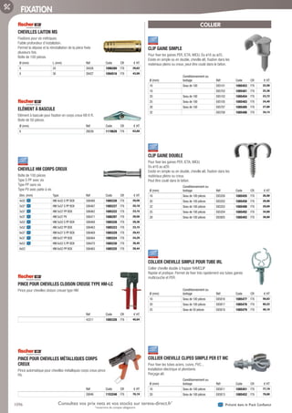 1096 Présent dans le Pack ConfianceConsultez vos prix nets et vos stocks sur tereva-direct.fr*
*ouverture de compte obligatoire
FIXATION
CHEVILLES LAITON MS­
Fixations pour vis métriques.
Faible profondeur d’installation.
Permet la dépose et la réinstallation de la pièce fixée
plusieurs fois.
Boîte de 100 pièces.
Ø (mm) L (mm) Réf Code CR € HT
6 24 26426 1096280 F76 29,62
8 30 26427 1094516 F76 43,99
ELÉMENT À BASCULE­
Elément à bascule pour fixation en corps creux KB 6 R.
Boite de 50 pièces.
Ø (mm) Réf Code CR € HT
6 26039 1119628 F76 63,68
CHEVILLE HM CORPS CREUX­
Boîte de 100 pièces
Type S PP avec vis
Type PP sans vis
Type PV avec patte à vis
Dim. (mm) Type Réf Code CR € HT
4x32 HM 4x32 S PP BOX 506466 1085226 F76 20,56
5x37 HM 5x37 S PP BOX 506467 1085227 F76 25,18
5x37 HM 5x37 PP BOX 506462 1085222 F76 23,15
5x37 HM 5x37 PV 506471 1086297 F76 29,56
5x52 HM 5x52 S PP BOX 506468 1085228 F76 29,36
5x52 HM 5x52 PP BOX 506463 1085223 F76 23,15
6x37 HM 6x37 S PP BOX 506469 1085229 F76 29,43
6x37 HM 6x37 PP BOX 506464 1085224 F76 24,29
6x52 HM 6x52 S PP BOX 506470 1085230 F76 38,45
6x52 HM 6x52 PP BOX 506465 1085225 F76 28,44
PINCE POUR CHEVILLES CLOISON CREUSE TYPE HM-LC­
Pince pour chevilles cloison creuse type HM
Réf Code CR € HT
43311 1085326 F76 40,84
PINCE POUR CHEVILLES MÉTALLIQUES CORPS
CREUX­
Pince automatique pour chevilles métalliques corps creux pince
PA.
Réf Code CR € HT
26846 1153246 F76 70,19
COLLIER
CLIP GAINE SIMPLE­
Pour fixer les gaines PER, ICTA, WICU. Du ø16 au ø25.
Existe en simple ou en double, cheville ø8, fixation dans les
matériaux pleins ou creux, peut être coulé dans le béton.
Ø (mm)
Conditionnement ou
boitage Réf Code CR € HT
16 Seau de 100 E85101 1085453 F76 22,58
18 E85703 1085481 F76 22,36
20 Seau de 100 E85103 1085454 F76 23,72
25 Seau de 100 E85105 1085483 F76 24,40
28 Seau de 100 E85707 1085485 F76 27,80
32 E85708 1085486 F76 34,14
CLIP GAINE DOUBLE­
Pour fixer les gaines PER, ICTA, WICU.
Du ø16 au ø28.
Existe en simple ou en double, cheville ø8, fixation dans les
matériaux pleins ou creux.
Peut être coulé dans le béton.
Ø (mm)
Conditionnement ou
boitage Réf Code CR € HT
16 Seau de 100 pièces E85200 1085455 F76 26,90
20 Seau de 100 pièces E85202 1085456 F76 29,98
22 Seau de 100 pièces E85203 1085490 F76 29,69
25 Seau de 100 pièces E85204 1085492 F76 34,68
28 Seau de 100 pièces E85805 1085493 F76 38,80
COLLIER CHEVILLE SIMPLE POUR TUBE IRL­
Collier cheville double à frapper RAMCLIP
Rapide et pratique. Permet de fixer très rapidement vos tubes gainés
multicouche et PER.
Ø (mm)
Conditionnement ou
boitage Réf Code CR € HT
16 Seau de 100 pièces E85816 1085477 F76 56,62
20 Seau de 100 pièces E85817 1085478 F76 60,22
25 Seau de 50 pièces E85818 1085479 F76 40,10
COLLIER CHEVILLE CLIPEO SIMPLE PER ET MC­
Pour fixer les tubes aciers, cuivre, PVC...
Installation électrique et plomberie.
Perçage ø8.
Ø (mm)
Conditionnement ou
boitage Réf Code CR € HT
16 Seau de 100 pièces E85811 1085451 F76 77,19
20 Seau de 100 pièces E85813 1085452 F76 79,00
Tereva_06_OUTILLAGE_04_Consommables_1067_1103.indd 1096 20/02/2017 12:05
 