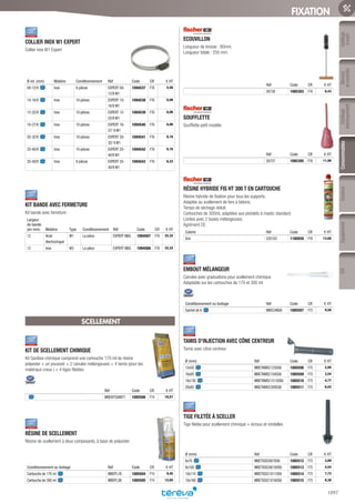 Mesure
etcontrôle
Outillage
électroportatif
ConsommablesSoudure
1097
EquipementEPIOutillage
àmain
FIXATION
COLLIER INOX W1 EXPERT­
Collier inox W1 Expert
Ø int. (mm) Matière Conditionnement Réf Code CR € HT
08-12/9 Inox 8 pièces EXPERT 08-
12/9 W1
1094537 F76 5,56
10-16/9 Inox 10 pièces EXPERT 10-
16/9 W1
1094538 F76 6,06
12-22/9 Inox 10 pièces EXPERT 12-
22/9 W1
1094539 F76 6,06
16-27/9 Inox 10 pièces EXPERT 16-
27/ 9 W1
1094540 F76 6,06
20-32/9 Inox 10 pièces EXPERT 20-
32/ 9 W1
1094541 F76 6,16
25-40/9 Inox 10 pièces EXPERT 25-
40/9 W1
1094542 F76 6,16
35-50/9 Inox 8 pièces EXPERT 35-
50/9 W1
1094543 F76 6,33
KIT BANDE AVEC FERMETURE­
Kit bande avec femeture
Largeur
de bande
(en mm) Matière Type Conditionnement Réf Code CR € HT
12 Acier
électrozingué
W1 La pièce EXPERT NBG 1094587 F76 32,32
12 Inox W3 La pièce EXPERT NBG 1094588 F76 32,32
SCELLEMENT
KIT DE SCELLEMENT CHIMIQUE­
Kit Sanibox chimique comprend une cartouche 170 ml de résine
polyester + un poussoir + 2 canules mélangeuses + 4 tamis (pour les
matériaux creux ) + 4 tiges filetées
Réf Code CR € HT
MBEKITSANIT1 1085506 F74 18,57
RÉSINE DE SCELLEMENT­
Résine de scellement à deux composants, à base de polyester.
Conditionnement ou boitage Réf Code CR € HT
Cartouche de 170 ml MBEPL1B 1085504 F74 9,45
Cartouche de 300 ml MBEPL3B 1085505 F74 12,05
ECOUVILLON­
Longueur de brosse : 80mm.
Longueur totale : 250 mm.
Réf Code CR € HT
26730 1085303 F76 8,43
SOUFFLETTE­
Soufflette petit modèle.
Réf Code CR € HT
26727 1085305 F76 11,90
RÉSINE HYBRIDE FIS HT 300 T EN CARTOUCHE­
Résine hybride de fixation pour tous les supports.
Adaptée au scellement de fers à bétons.
Temps de séchage réduit.
Cartouches de 300mL adaptées aux pistolets à mastic standard.
Livrées avec 2 buses mélangeuses.
Agrément CE.
Coloris Réf Code CR € HT
Gris 520103 1180928 F76 13,68
EMBOUT MÉLANGEUR­
Canules avec graduations pour scellement chimique.
Adaptable sur les cartouches de 170 et 300 ml
Conditionnement ou boitage Réf Code CR € HT
Sachet de 6 MBECANS6 1085507 F75 9,50
TAMIS D’INJECTION AVEC CÔNE CENTREUR­
Tamis avec cône centreur
Ø (mm) Réf Code CR € HT
12x50 MBETAMSC1250S6 1085508 F75 2,89
16x85 MBETAMSC1585S6 1085509 F75 3,54
16x130 MBETAMSC15130S6 1085510 F75 4,77
20x85 MBETAMSC2085S6 1085511 F75 6,03
TIGE FILETÉE À SCELLER­
Tige filetée pour scellement chimique + écrous et rondelles
Ø (mm) Réf Code CR € HT
6x70 MBETIGSC6070S6 1085512 F75 3,89
8x100 MBETIGSC80100S6 1085513 F75 4,54
10x110 MBETIGSC10110S6 1085514 F75 7,73
10x160 MBETIGSC10160S6 1085515 F75 9,38
Tereva_06_OUTILLAGE_04_Consommables_1067_1103.indd 1097 20/02/2017 12:05
 