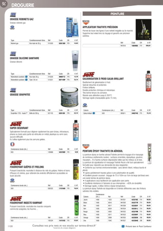 1100 Présent dans le Pack ConfianceConsultez vos prix nets et vos stocks sur tereva-direct.fr*
*ouverture de compte obligatoire
DROGUERIE
GRAISSE ROBINETS GAZ­
Graisse robinets gaz
Type Conditionnement libre Réf Code CR € HT
Robinet gaz Etui-tube de 20 g 515320 028136S P76 12,83
GRAISSE SILICONE SANITAIRE­
Graisse silicone
Type Conditionnement libre Réf Code CR € HT
Robinetterie sanitaire Etui-tube 20 g 515520 090071Z P76 12,78
Robinetterie sanitaire Tube 125 ml 515521 007149P P76 33,74
GRAISSE GRAPHITEE­
Type Conditionnement libre Réf Code CR € HT
Graphitée 1755 - haute T° Boîte de 350 g 651155 028128I P76 23,72
SUPER DÉGIVRANT­
Spécialement formulé pour dégivrer rapidement les pare-brises, rétroviseurs,
phares ou toute autre partie de véhicules en métal, plastique ou verre sans
aucune difficulté.
Il s’utilise également pour les serrures gelées.
Contenance brute (mL.) Réf Code CR € HT
650 105888 435769V F76 9,58
FOUDROYANT GUÊPES ET FRELONS­
Puissant insecticide, neutralise à distance les nids de guêpes, frelons et taons.
Efficace à 6 mètres, pour atteindre les endroits difficilement accessibles en
toute sécurité.
Contenance brute (mL.) Réf Code CR € HT
650 005323 1151040 F76 16,54
FOUDROYANT INSECTE RAMPANT­
Puissant insecticide, neutralise les insectes rampants
comme les araignées, les fourmis ...
Contenance brute (mL.) Réf Code CR € HT
650 105324 1415162 F76 23,93
PEINTURE
APPLICATEUR TRAITVITE PRÉCISION­
Permet de tracer des lignes d’une netteté inégalée sur le marché.
Supprime tout volant lors du traçage et garantit une précision
extrême.
Réf Code CR € HT
R47010 1084985 F74 358,81
GALVANISATION À FROID GALVA BRILLANT­
Revêtement de galvanisation à froid.
Spécial retouches et protection.
Finition brillante.
Double protection chimique et mécanique.
Très bonne tenue à la corrosion.
Résiste sans altération jusqu’à 350°C.
Séchage rapide (manipulable après 15 min).
Coloris Contenance (mL.) Réf Code CR € HT
Galva brillant 650 005811 348274S F75 15,19
PEINTURE ÉPOXY TRAITVITE EN AÉROSOL­
La peinture époxy en bombe aérosol Traitvite permet le traçage et le marquage
de nombreux revêtements routiers : surfaces cimentées, époxydique, goudron,
macadam... Et d’autres surfaces dégraissées telles que les métaux ou le bois.
La peinture de signalisation et marquage Traitvite Rocol a été tout spécialement
formulée pour répondre aux demandes les plus exigeantes :
• Conforme aux normes environnementales : sans dérivé chloré, métaux lourds et
plomb.
• Lignes parfaitement tracées grâce à une pulvérisation de qualité.
• Excellent pouvoir couvrant : traçage de 75 à 100m sur 5cm de large (sol lisse) avec
une seule bombe de peinture époxy.
• 4 applicateurs vous faciliteront son application sans perte.
• Excellente résistance à l’abrasion et aux intempéries : +60% de durabilité.
• Séchage rapide, s’utilise même à basse température.
La peinture époxy Traitvite est disponible en 8 teintes différentes avec des finitions
satinées très visibles.
Coloris
Contenance
(mL.) Ral Réf Code CR € HT
Jaune 1000 1023 R47021 422278C F74 58,93
Blanc 1000 9016 R47020 422277R F74 58,93
Noir 1000 9017 R47026 422283F F74 58,93
Vert 1000 6024 R47024 422281J F74 58,93
Rouge 1000 3020 R47022 422279N F74 58,93
Bleu 1000 5017 R47023 422280Y F74 58,93
Orange 1000 2009 R47025 422282U 299 58,93
Gris 1000 7042 R47027 422284Q 299 58,93
Tereva_06_OUTILLAGE_04_Consommables_1067_1103.indd 1100 20/02/2017 12:05
 