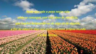 Nada que vale a pena nesta vida
    pode se conseguir sem esta dose de sacrifício,
   que implica desprender-se de algo ou de alguém,
a fim de adquirir algo que melhore nosso próprio mundo
                   e o dos demais.
 