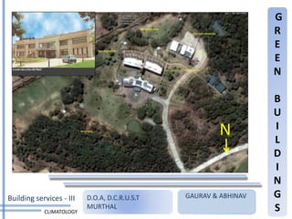 G
                                                                  R
                                                                  E
                                                                  E
                                                                  N

                                                                  B
                                                                  U
                                                       N          I
                                                                  L
                                                                  D
                                                                  I
                                                                  N
Building services - III   D.O.A, D.C.R.U.S.T   GAURAV & ABHINAV   G
            CLIMATOLOGY
                          MURTHAL                                 S
 