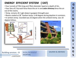 ENERGY EFFICIENT SYSTEM ( EAT)
   • Four tunnels of 70m long and 70cm diameter layed at a depth of 4m.
                                                                                              G
   • Four fans of 2 hp each force force the air in and solar chimney force the air            R
   out of the rooms.
   • Temp. remains 26 C 4m deep in gurgaon throught year.
                                                                                              E
   • Rooms cooled at 28 C when temp. is 40 degree during daytime in summers.                  E
   • In winters temp. recorded was 22 degree when the ambient temp. was 10
   degree Celsius.                                                                            N

                                                                                              B

                                          EARTH AIR TUNNEL (EAT




                                                                              Solar chimney
                                                                                              U
                                                                                              I
                                                                                              L
                                                                                              D
                                                                                              I
                                                                                              N
Building services - III   D.O.A, D.C.R.U.S.T                      GAURAV & ABHINAV            G
            CLIMATOLOGY
                          MURTHAL                                                             S
 