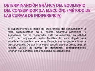 DETERMINANCIÓN GRÁFICA DEL EQUILIBRIO
DEL CONSUMIDOR (LA ELECCIÓN). (MÉTODO DE
LAS CURVAS DE INDIFERENCIA)
Si superponemos el mapa de preferencias del consumidor y la
recta presupuestaria en el mismo diagrama cartesiano, y
suponemos que el consumidor trata de maximizar su utilidad
dentro del conjunto de cestas factibles, la cesta elegida será
aquella en la que la curva de indiferencia sea tangente a la recta
presupuestaria. De existir tal cesta, tendría que ser única, pues, si
hubiera varias, las curvas de indiferencia correspondientes
tendrían que cortarse, dado el axioma de convexidad.
 