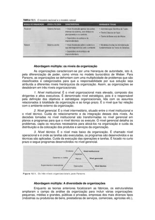 Abordagem múltipla: os níveis da organização
As organizações caracterizam-se por uma hierarquia de autoridade, isto é,
pela diferenciação de poder, como vimos no modelo burocrático de Weber. Para
Parsons, as organizações se defrontam com uma multiplicidade de problemas que são
classificados e categorizados para que a responsabilidade por sua solução seja
atribuída a diferentes níveis hierárquicos da organização. Assim, as organizações se
desdobram em três níveis organizacionais:
1. Nível institucional. É o nível organizacional mais elevado, composto dos
dirigentes e altos executivos. É denominado nível estratégico, pois é o responsável
pela definição dos objetivos e estratégias organizacionais, lida com os assuntos
relacionados à totalidade da organização e ao longo prazo. É o nível que faz relação
com o ambiente externo da organização.
2. Nível gerencial. É o nível intermediário, situado entre o nível institucional e
o nível técnico. Cuida do relacionamento e da integração desses dois níveis. As
decisões tomadas no nível institucional são transformadas no nível gerencial em
planos e programas para que o nível técnico os execute. O nível gerencial detalha os
problemas, capta os recursos necessários para alocá-los na organização e cuida da
distribuição e da colocação dos produtos e serviços da organização.
3. Nível técnico. É o nível mais baixo da organização. É chamado nível
operacional e é onde as tarefas são executadas, os programas são desenvolvidos e as
técnicas são aplicadas. Cuida da execução das operações e tarefas. É focado no curto
prazo e segue programas desenvolvidos no nível gerencial.

Abordagem múltipla: A diversidade de organizações
Enquanto as teorias anteriores focalizaram as fábricas, os estruturalistas
ampliaram o campo da análise da organização para incluir várias organizações:
pequenas, médias e grandes, públicas e privadas, empresas dos mais diversos tipos
(indústrias ou produtoras de bens, prestadoras de serviços, comerciais, agrícolas etc.),

 