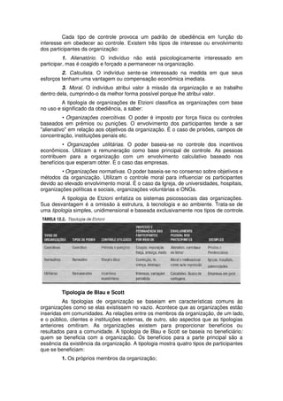 Cada tipo de controle provoca um padrão de obediência em função do
interesse em obedecer ao controle. Existem três tipos de interesse ou envolvimento
dos participantes da organização:
1. Alienatório. O indivíduo não está psicologicamente interessado em
participar, mas é coagido e forçado a permanecer na organização.
2. Calculista. O indivíduo sente-se interessado na medida em que seus
esforços tenham uma vantagem ou compensação econômica imediata.
3. Moral. O indivíduo atribui valor à missão da organização e ao trabalho
dentro dela, cumprindo-o da melhor forma possível porque lhe atribui valor.
A tipologia de organizações de Etzioni classifica as organizações com base
no uso e significado da obediência, a saber:
• Organizações coercitivas. O poder é imposto por força física ou controles
baseados em prêmios ou punições. O envolvimento dos participantes tende a ser
"alienativo" em relação aos objetivos da organização. É o caso de prisões, campos de
concentração, instituições penais etc.
• Organizações utilitárias. O poder baseia-se no controle dos incentivos
econômicos. Utilizam a remuneração como base principal de controle. As pessoas
contribuem para a organização com um envolvimento calculativo baseado nos
benefícios que esperam obter. É o caso das empresas.
• Organizações normativas. O poder baseia-se no consenso sobre objetivos e
métodos da organização. Utilizam o controle moral para influenciar os participantes
devido ao elevado envolvimento moral. É o caso da Igreja, de universidades, hospitais,
organizações políticas e sociais, organizações voluntárias e ONGs.
A tipologia de Etzioni enfatiza os sistemas psicossociais das organizações.
Sua desvantagem é a omissão à estrutura, à tecnologia e ao ambiente. Trata-se de
uma tipologia simples, unidimensional e baseada exclusivamente nos tipos de controle.

Tipologia de Blau e Scott
As tipologias de organização se baseiam em características comuns às
organizações como se elas existissem no vazio. Acontece que as organizações estão
inseridas em comunidades. As relações entre os membros da organização, de um lado,
e o público, clientes e instituições externas, de outro, são aspectos que as tipologias
anteriores omitiram. As organizações existem para proporcionar benefícios ou
resultados para a comunidade. A tipologia de Blau e Scott se baseia no beneficiário:
quem se beneficia com a organização. Os benefícios para a parte principal são a
essência da existência da organização. A tipologia mostra quatro tipos de participantes
que se beneficiam:
1. Os próprios membros da organização;

 