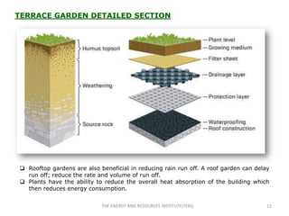 TERRACE GARDEN DETAILED SECTION




 Rooftop gardens are also beneficial in reducing rain run off. A roof garden can delay
  run off; reduce the rate and volume of run off.
 Plants have the ability to reduce the overall heat absorption of the building which
  then reduces energy consumption.


                            THE ENERGY AND RESOURCES INSTITUTE(TERI)                  12
 