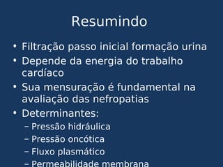 Resumindo
• Filtração passo inicial formação urina
• Depende da energia do trabalho
cardíaco
• Sua mensuração é fundamental na
avaliação das nefropatias
• Determinantes:
– Pressão hidráulica
– Pressão oncótica
– Fluxo plasmático
–
 