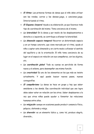 

El Ritmo: Las primeras formas de danza que el niño debe utilizar
son las rondas, corros y las danzas-juego, o canciones-juego.
Interiorizando el ritmo.



El Esquema Corporal: Ayuda a su elaboración, ya que favorece todo
tipo de coordinación del mismo. Toma conciencia de sí mismo.



La lateralidad: En la danza y por medio de los desplazamientos a
derecha o a izquierda, se contribuye a afianzar la lateralidad.



La dimensión espacio-temporal: Recorrer un determinado espacio
y en un tiempo concreto, que viene marcado por el ritmo, ayuda al
niño a captar esta dimensión y en cierto modo a afianzar el sentido
del equilibrio y de la orientación. El niño toma conciencia de su
lugar en el espacio en relación con sus compañeros, con los objetos,
etc.



La coordinación global: Todo su cuerpo es percibido de forma
nueva y al unísono, para desempeñar una misma función.



La creatividad: Es uno de los elementos en los que más se insiste
actualmente.

Y

aquí

puede

buscar

nuevos

pasos,

nuevas

coreografías.


El compañerismo: La danza se hace en grupo y hay que saber
amoldarse a los demás. Esa coordinación individual que uno logra
debe saber estar en relación con los otros. Saber desplazarse a la
vez que otros niños puede ayudar a fomentar las relaciones
humanas entre ellos.



La relajación: aunque en ocasiones puede producir cansancio físico,
psíquico, distiende y relaja.



La diversión: es un elemento lúdico y, como tal, produce alegría,
diversión...

13

 