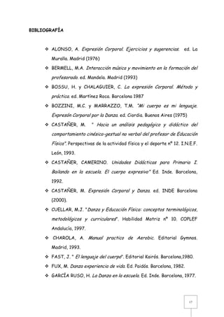 BIBLIOGRAFÍA

 ALONSO, A. Expresión Corporal. Ejercicios y sugerencias.

ed. La

Muralla. Madrid (1976)
 BERMELL, M.A. Interacción música y movimiento en la formación del

profesorado. ed. Mandela. Madrid (1993)
 BOSSU, H. y CHALAGUIER, C. La expresión Corporal. Método y

práctica. ed. Martínez Roca. Barcelona 1987
 BOZZINI, M.C. y MARRAZZO, T.M. “Mi cuerpo es mi lenguaje.

Expresón Corporal por la Danza. ed. Ciordia. Buenos Aires (1975)
 CASTAÑER, M.

" Hacia un análisis pedagógico y didáctico del

comportamiento cinésico-gestual no verbal del profesor de Educación
Física". Perspectivas de la actividad física y el deporte nº 12. I.N.E.F.
León, 1993.
 CASTAÑER, CAMERINO. Unidades Didácticas para Primaria I.

Bailando en la escuela. El cuerpo expresivo” Ed. Inde. Barcelona,
1992.
 CASTAÑER, M. Expresión Corporal y Danza. ed. INDE Barcelona
(2000).
 CUELLAR, M.J. "Danza y Educación Física: conceptos terminológicos,

metodológicos y curriculares". Habilidad Motriz nº 10. COPLEF
Andalucía, 1997.
 CHAROLA, A. Manual practico de Aerobic. Editorial Gymnos.
Madrid, 1993.
 FAST, J. " El lenguaje del cuerpo". Editorial Kairós. Barcelona,1980.
 FUX, M. Danza experiencia de vida. Ed. Paidós. Barcelona, 1982.
 GARCÍA RUSO, H. La Danza en la escuela. Ed. Inde. Barcelona, 1977.

17

 