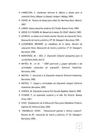  HAMILTON, I. Cuadernos técnicos 8. Música y Danza para la

condición física. (Bloque: La Danza). Unisport. Málaga, 1989.
 JOYCE, M. Técnica de Danza para niños. Ed. Martínez-Roca. Madrid,
1987.
 LABAN. Danza educativa moderna. Ed. Paidós. Buenos Aires, 1989.
 LEESE, D Y PACKER, M. Manual de la danza. Ed. EDAF. Madrid, 1982.
 LEVIEUX. La danza en el medio escolar. Revista de educación física.
Renovación de teoría y práctica. Nº 38. Ideasport. Barcelona, 1991.
 LUSSENBUR, BROWER. La enseñanza de la danza. Revista de

educación física. Renovación de teoría y práctica, nº 31. Ideasport.
Barcelona, 1990.
 MONTÁVEZ, M. – ZEA, J. Expresión Corporal (propuetas para la

acción) Edita M.M y M.J.Z.
 MATEU, M . et all.

actividades

" 1000 ejercicios y juegos aplicados a las

corporales

de

expresión".

Editorial.

Paidotribo.

Barcelona, 1992.
 MOTOS, T. Iniciación a la Expresión Corporal. Editorial Humanitas,
Barcelona, 1985.
 MOTOS, T. Juegos y actividades de Expresión Corpoal. Editorial
Humanitas. Barcelona, 1985.
 SHINCA, M. Expresión corporal. Ed. Escuela Española, Madrid. 1988.
 STOKOE, P. La expresión corporal y el niño. Ed. Ricordi. Buenos
Aires, 1967.
 VVAA. Fundamentos de la Educación Física para Enseñanza Primaria.
Capítulo XI. Editorial Inde, 1994.
 VIGARELLO, VIVES.

"Comunicación gestual y técnica corporal".

Revista de EF. renovación de teoría y práctica, nº 34. Ideasport.
Barcelona, 1990.

18

 