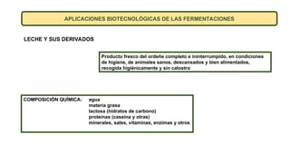 APLICACIONES BIOTECNOLÓGICAS DE LAS FERMENTACIONES
LECHE Y SUS DERIVADOS
Producto fresco del ordeñe completo e ininterrumpido, en condiciones
de higiene, de animales sanos, descansados y bien alimentados,
recogida higiénicamente y sin calostro
COMPOSICIÓN QUÍMICA: agua
materia grasa
lactosa (hidratos de carbono)
proteínas (caseína y otras)
minerales, sales, vitaminas, enzimas y otros
 