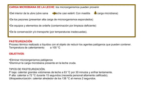 CARGA MICROBIANA DE LA LECHE: los microorganismos pueden provenir
•Del interior de la ubre (ubre sana leche casi estéril. Con mastitis la carga microbiana)
•De los pezones (presentan alta carga de microorganismos esporulados)
•De equipos y elementos de ordeñe (contaminación por limpieza deficiente)
•De la conservación y/o transporte (por temperaturas inadecuadas).
PASTEURIZACIÓN
Proceso térmico realizado a líquidos con el objeto de reducir los agentes patógenos que pueden contener.
Temperatura de calentamiento a 100 °C
OBJETIVOS:
•Eliminar microorganismos patógenos
•Disminuir la carga microbiana presente en la leche cruda.
TIPOS DE PASTEURIZACIÓN.
P baja: calentar grandes volúmenes de leche a 63 °C por 30 minutos y enfriar lentamente.
P alta: calentar a 72 °C durante 15 segundos (necesita personal altamente calificado).
Ultrapasteurización: calentar alrededor de los 138 °C al menos 2 segundos.
 