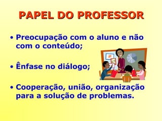 PAPEL DO PROFESSORPAPEL DO PROFESSOR
• Preocupação com o aluno e não
com o conteúdo;
• Ênfase no diálogo;
• Cooperação, união, organização
para a solução de problemas.
 