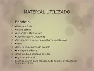 MATERIAL UTILIZADO
Bandeja
 •Luvas estéreis
 •Tecido estéril
 •Antiséptico (Betadeine)
 •Anestésico(1% Lidocaína)
 •Seringa 5cc e pequena agulha(p/ anestésico)
 •Gaze
 •Caneta para marcação da pele
 •Bandagem elástica
 •Uma ou duas seringas de 30cc
 •Agulha calibre 18
 Tubos coletores para contagem de células, avaliação de
cristais e cultura.
 