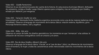 Video 002 - Giselle Pantomima
Observar el uso de pantomima para dar cuenta de la historia. En esta escena el príncipe Albrech, disfrazado
de campesino, corteja a Giselle. Luego Hilarión aparece para cortejarla y tras ser rechazado por Giselle y
echado por Aldrecht, jura venganza.
Video 003 - Variación Giselle 1er acto
Interpretado por Marianela Nuñez (bailarina argentina reconocida como una de las mejores bailarinas de la
actualidad). Observar el lenguaje de movimiento de la danza clásica: rotación externa, equilibrios, giros.
Personaje femenino etéreo, naif y angelical.
Video 004 - Willis 2do acto
Observar el cuerpo de baile, los diseños geométricos, los momentos en que “enmarcan” a las solistas, la
utilización de recursos coreográficos como el unísono y el canon.
Video 005 -Pas de deux Giselle y Albrech 2do acto
Observar el lenguaje de la danza clásica “d’ecole” en el “pas de deux” (dúo). Las diferencias de movimientos
entre el hombre y la mujer y todas las características antes mencionadas sobre los movimientos de la danza
clásica.
 