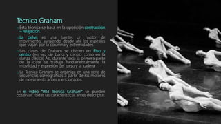 Técnica Graham
o Esta técnica se basa en la oposición contracción
– relajación.
o La pelvis es una fuente, un motor de
movimiento, surgiendo desde ahí los espirales
que viajan por la columna y extremidades.
o Las clases de Graham se dividen en Piso y
centro (en vez de barra y centro como en la
danza clásica) Así, durante toda la primera parte
de la clase se trabaja fundamentalmente la
movilidad y expresión del torso y la cadera
o La Técnica Graham se organiza en una serie de
secuencias coreográficas a partir de los motores
de movimiento antes mencionados.
En el video “003 Técnica Graham” se pueden
observar todas las características antes descriptas
 