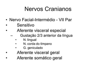 Nervos Cranianos Nervo Facial-Intermédio - VII Par 􀂄  Sensitivo 􀂄  Aferente visceral especial 􀂄  Gustação 2/3 anterior da língua 􀂄  N. lingual 􀂄  N. corda do tímpano 􀂄  G. geniculado 􀂄  Aferente visceral geral 􀂄  Aferente somático geral 