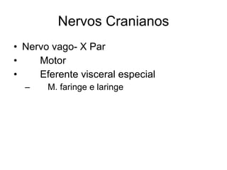 Nervos Cranianos Nervo vago- X Par 􀂄  Motor 􀂄  Eferente visceral especial 􀂄  M. faringe e laringe 