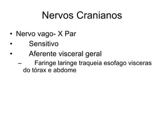 Nervos Cranianos Nervo vago- X Par 􀂄  Sensitivo 􀂄  Aferente visceral geral 􀂄  Faringe laringe traqueia esofago visceras do tórax e abdome 