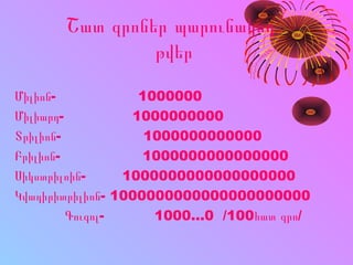Շատ զրոներ պարունակող
թվեր
- 1000000Միլիոն
- 1000000000Միլիարդ
- 1000000000000Տրիլիոն
- 1000000000000000Բրիլիոն
- 1000000000000000000Սիկստրիլոին
- 1000000000000000000000Կվադիրիտրիլիոն
- 1000…0 /100 /Գուգոլ հատ զրո
 